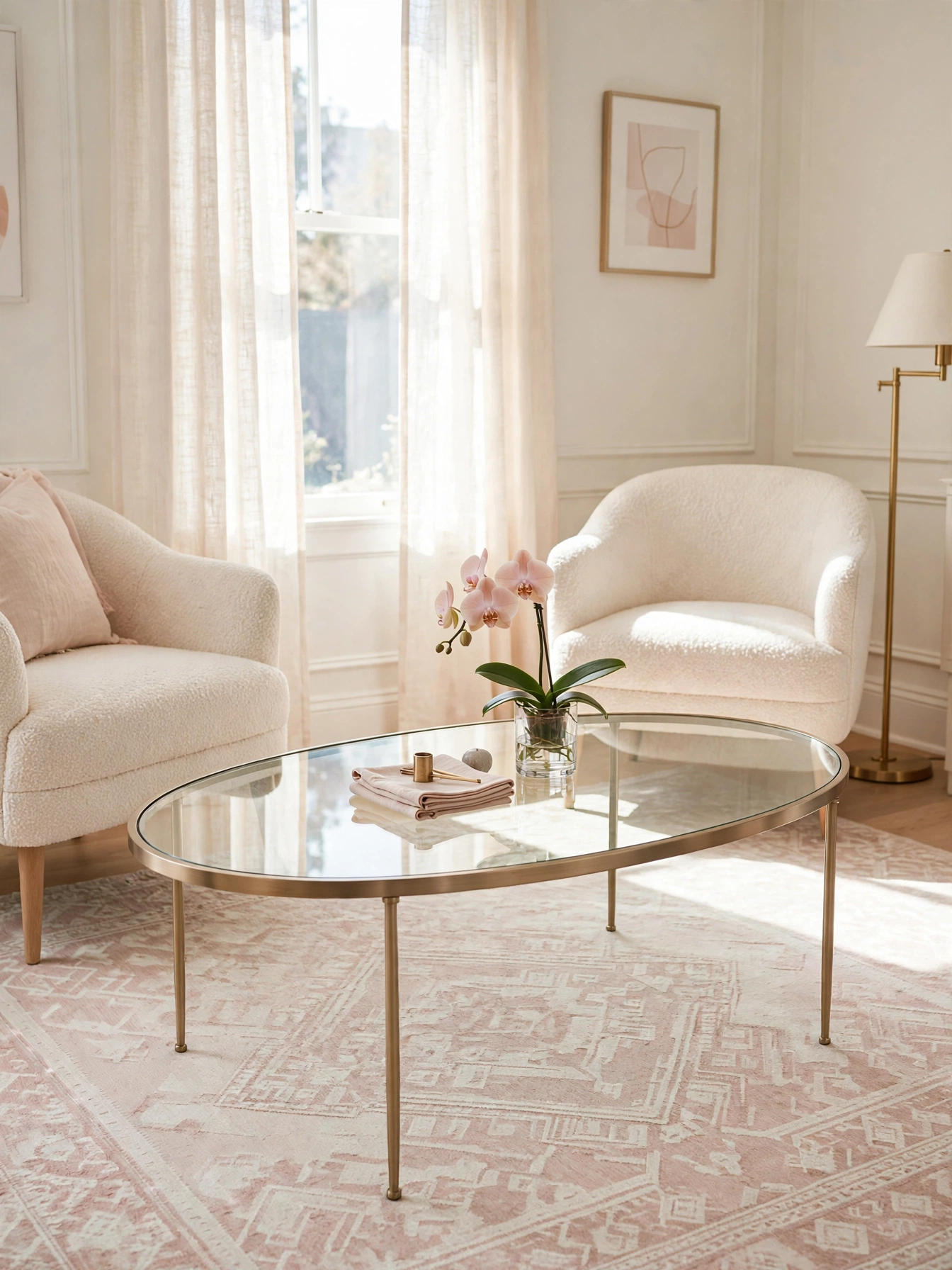 Glass coffee table disappearing over the rug in this guide to how to make your living room look bigger