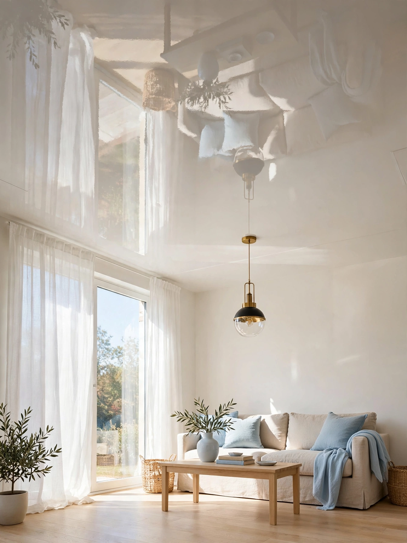 Glossy ceiling bouncing light around the room in ideas for how to make your living room look bigger
