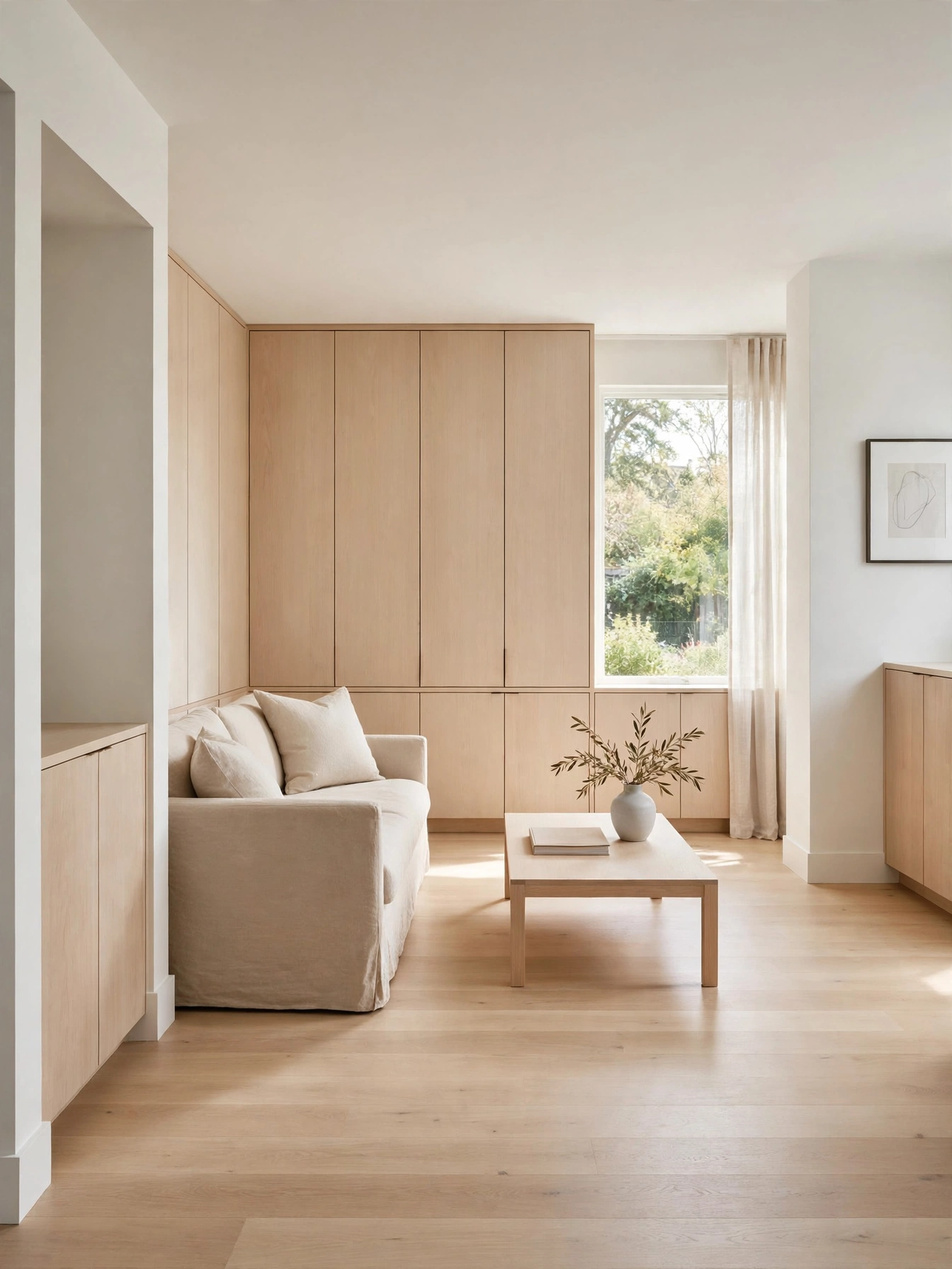 Serenely edited room proving that decluttering teaches how to make your living room look bigger by decluttering