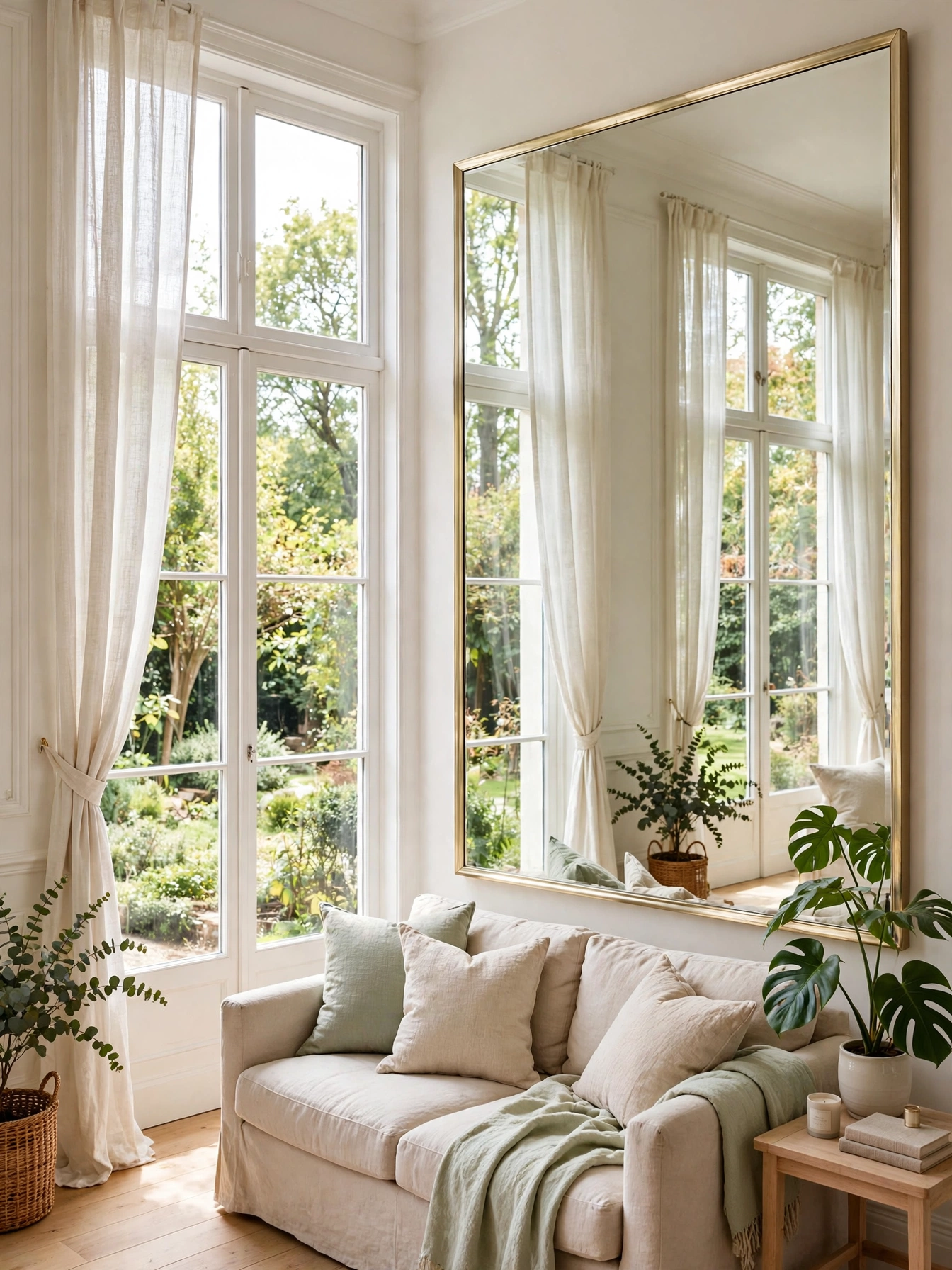 Oversized mirror doubling the window in this lesson on how to make your living room look bigger with mirrors