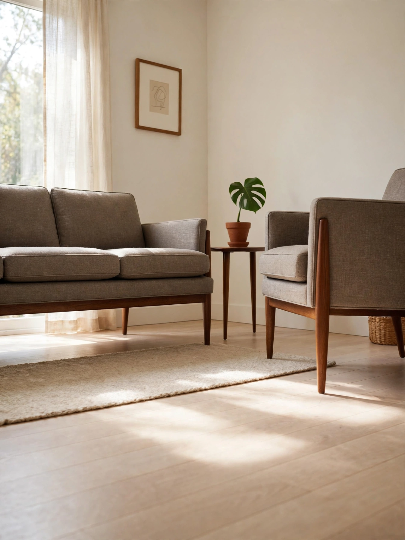 Sofa on tall legs revealing floor, a classic trick for how to make your living room look bigger