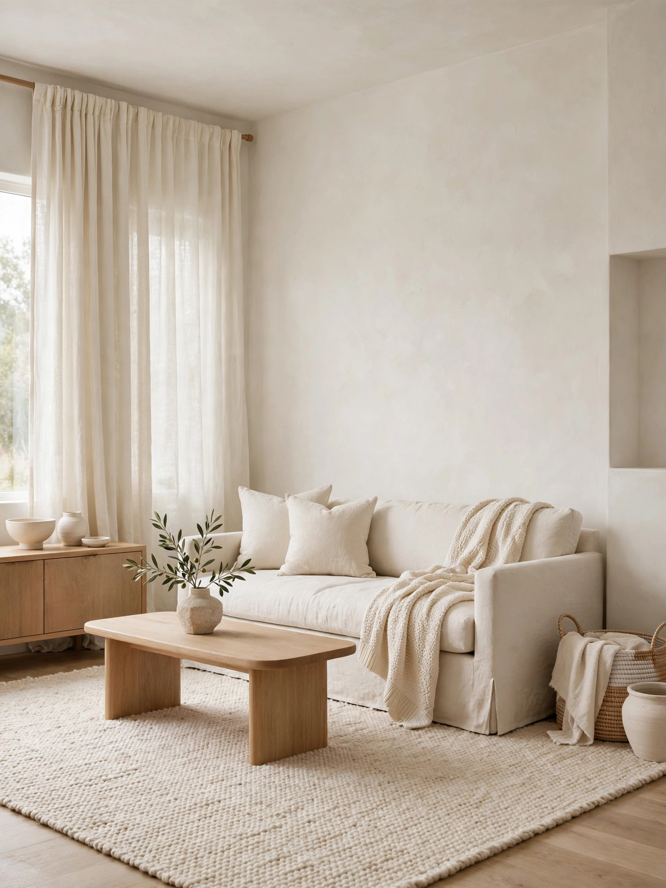 All-cream tonal room erasing boundaries, key to how to make your living room look bigger