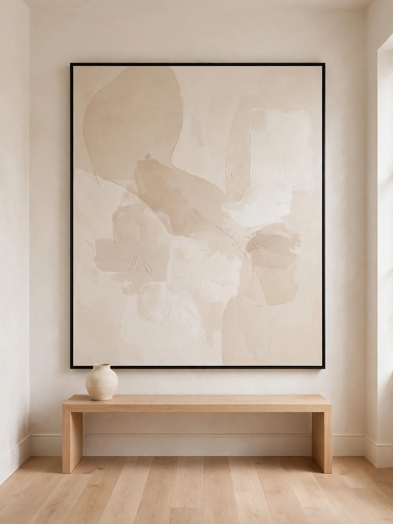 One huge canvas making a small wall grand, a bold play for how to make your living room look bigger