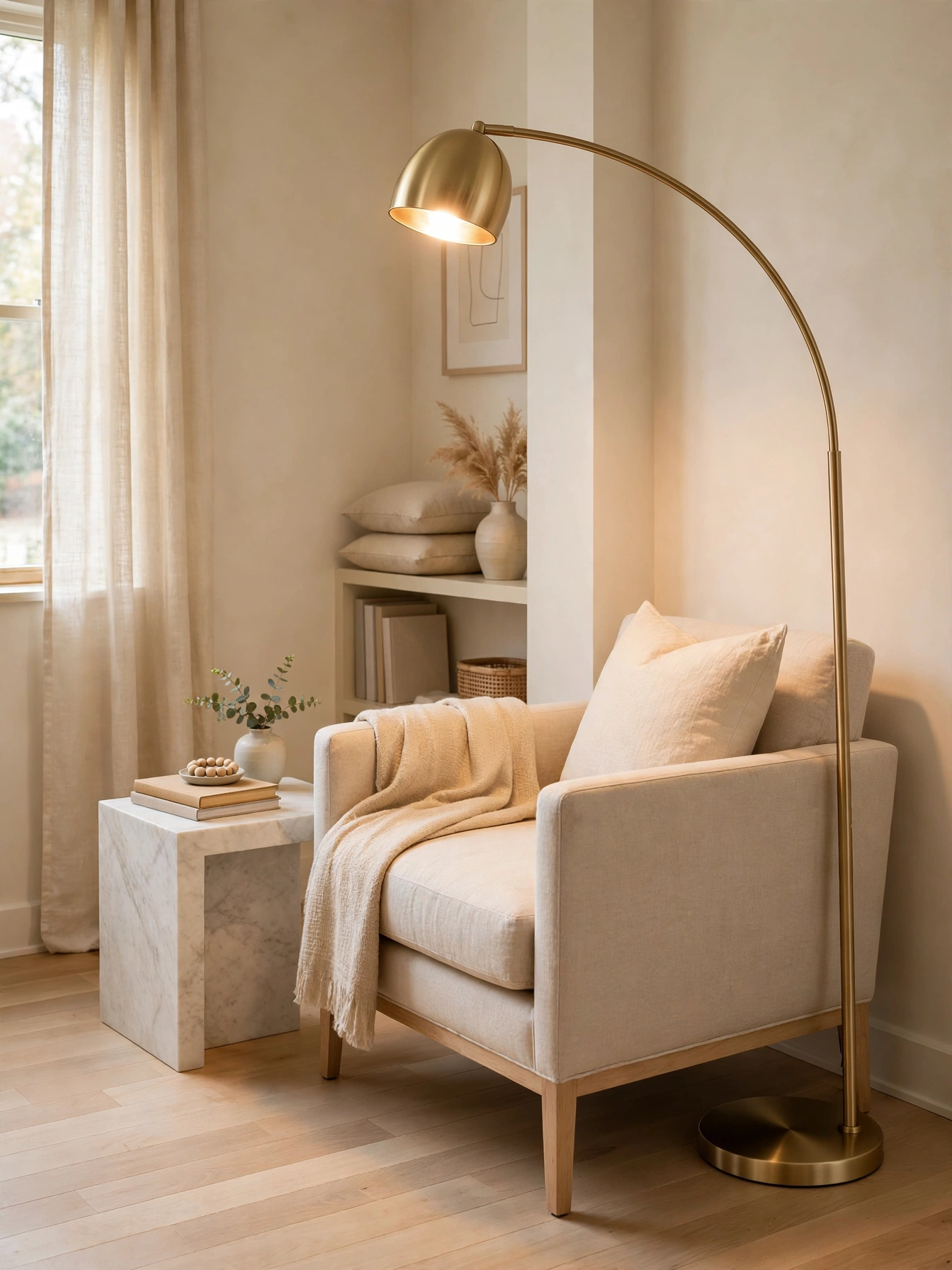 Slim arc lamp tucking beside a chair in this guide to how to make your living room look bigger