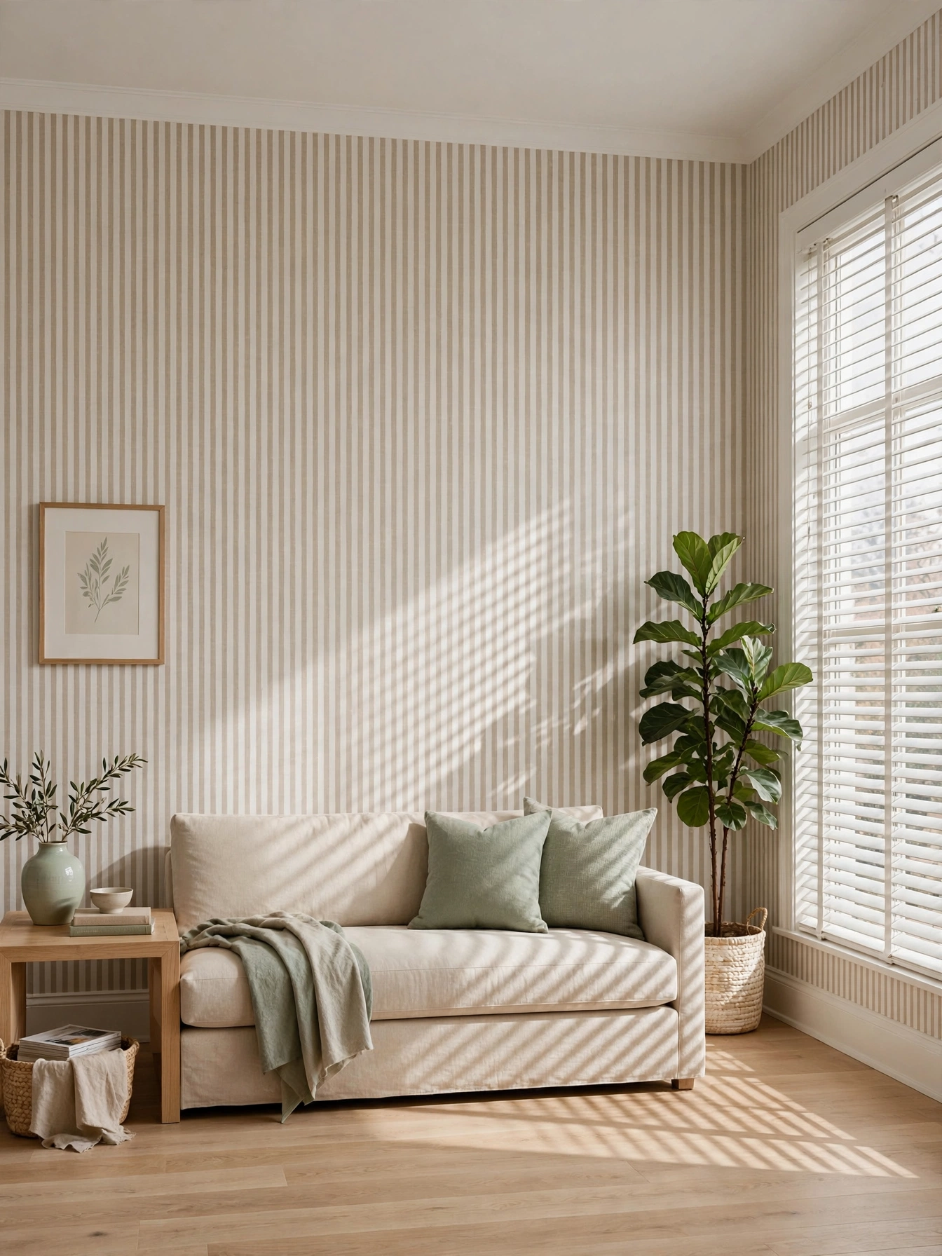 Vertical striped wallpaper lifting the ceiling in ideas for how to make your living room look bigger