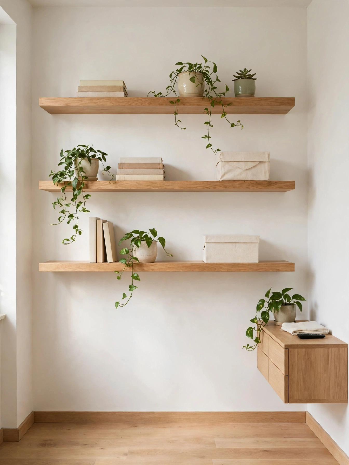 Floating shelves freeing floor space in ideas for how to make your living room look bigger