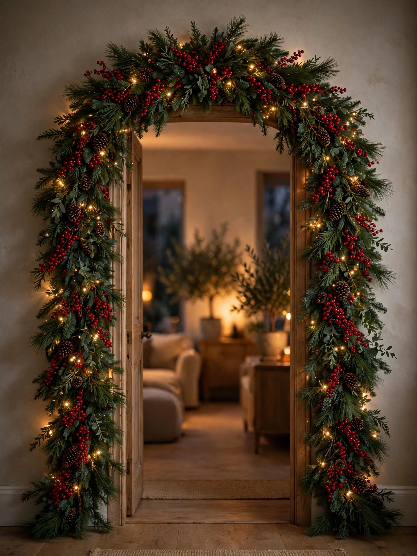 Berry and pine swag with fairy lights framing an interior doorway, a dramatic indoor Christmas decor ideas 2026 archway