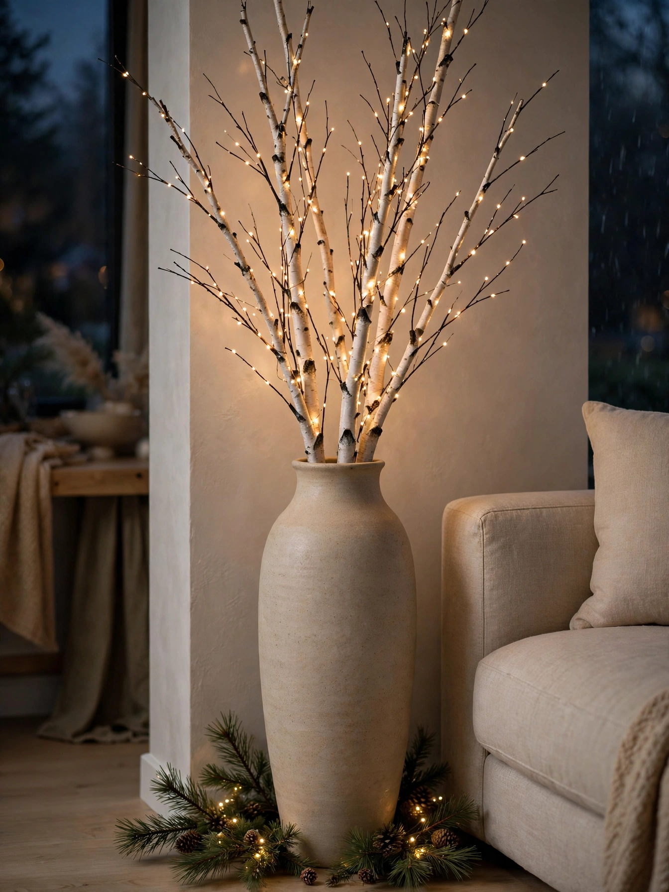 White birch branches wrapped in micro fairy lights in a tall floor vase, a natural indoor Christmas decor ideas 2026 accent