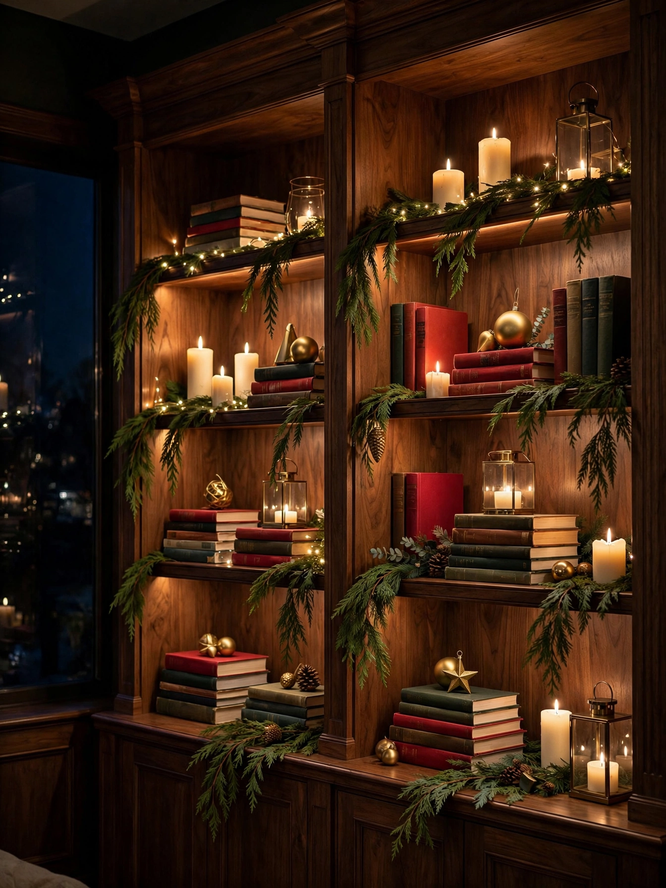 Built-in shelves glowing with pillar candles and lanterns styled for Christmas, a warm indoor Christmas decor ideas 2026 display