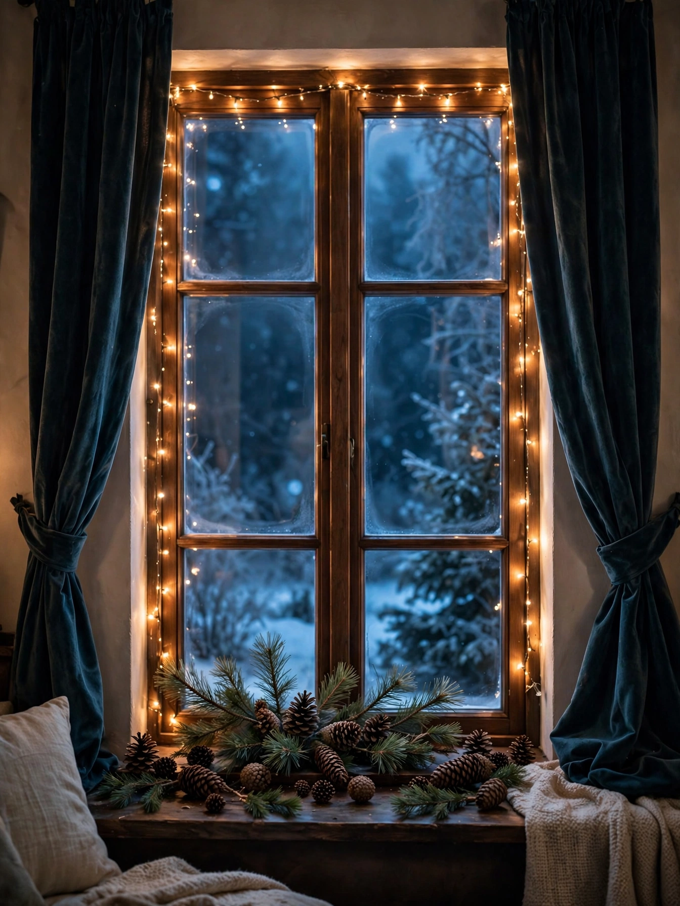 Warm fairy lights along a frosted window frame glowing against the night, an indoor Christmas decor ideas 2026 favorite