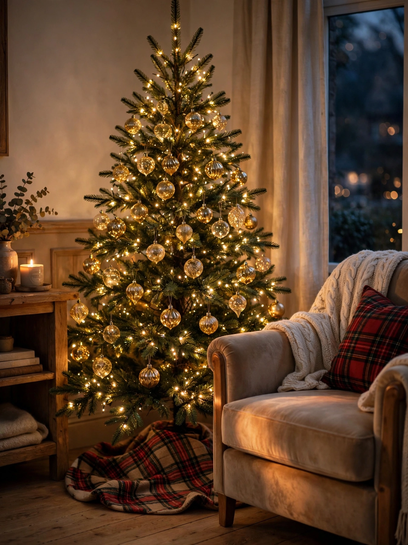 Warm gold fairy lights twinkling on a living room Christmas tree, a classic indoor Christmas decor ideas 2026 look
