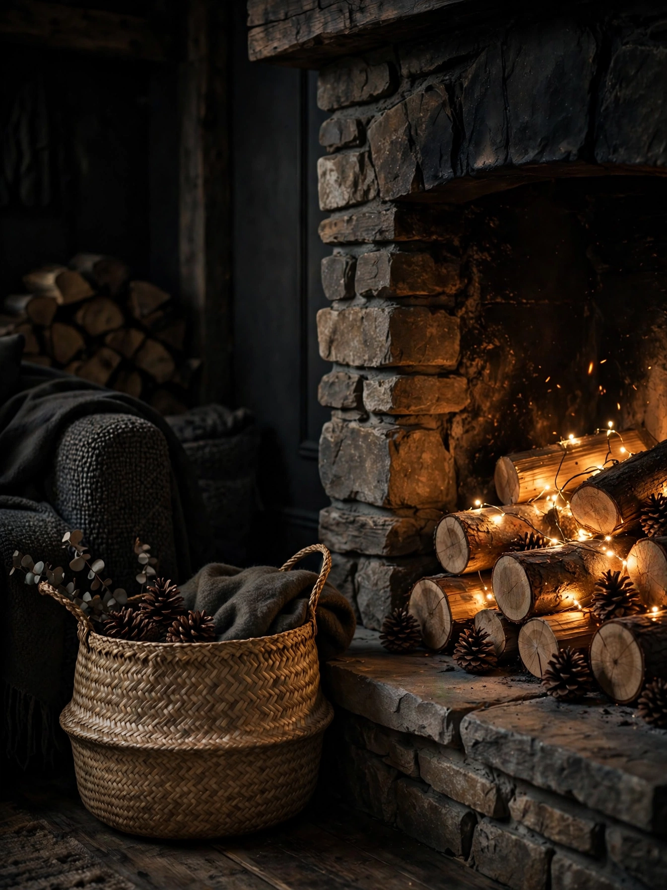 Woven basket of pine logs and glowing fairy lights beside a stone fireplace, a cozy indoor Christmas decor ideas 2026 accent