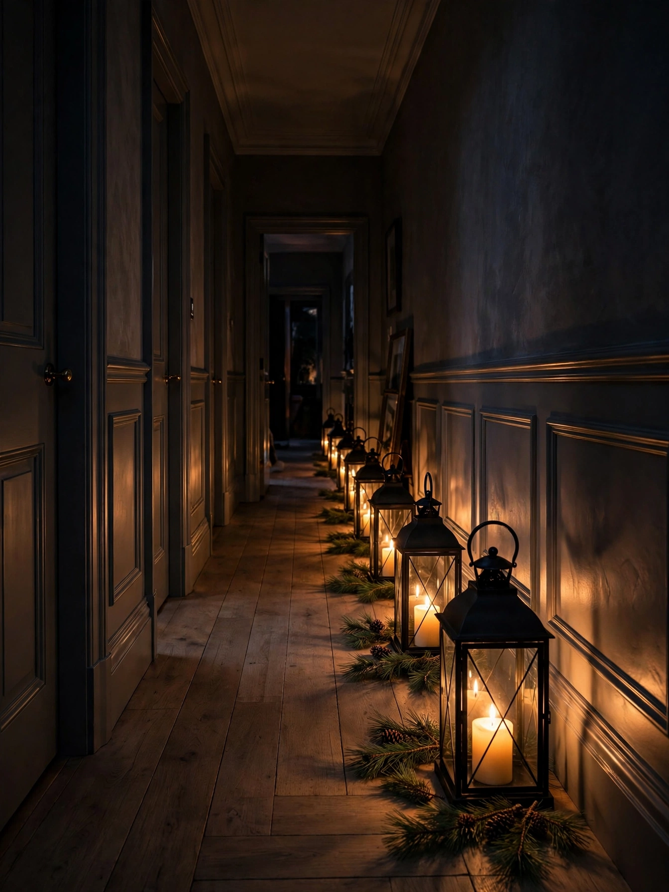Trail of glowing lanterns with candles lining a dark hallway floor, an atmospheric indoor Christmas decor ideas 2026 walkway
