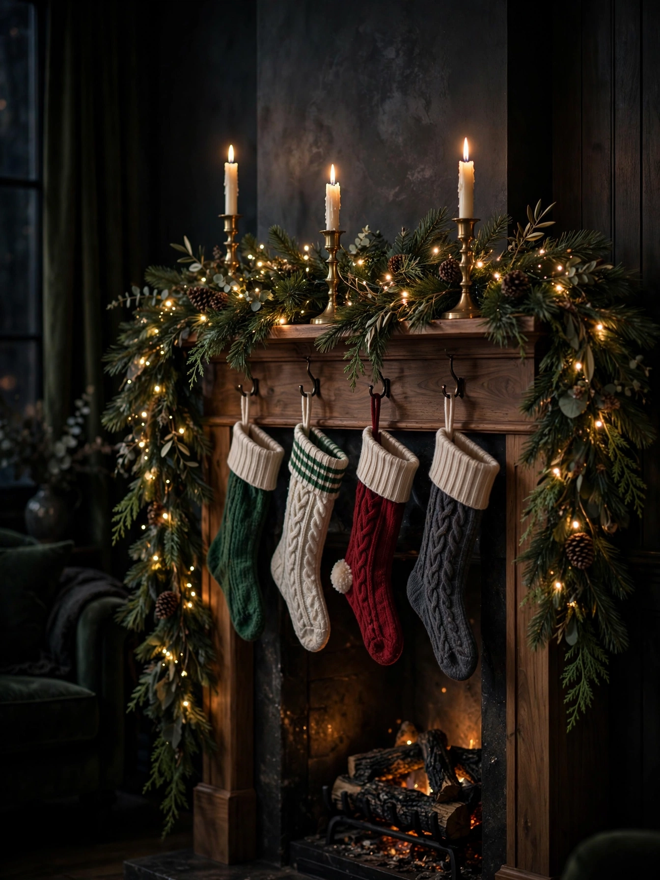 Pine garland with warm micro fairy lights cascading over a fireplace mantel for indoor Christmas decor ideas 2026