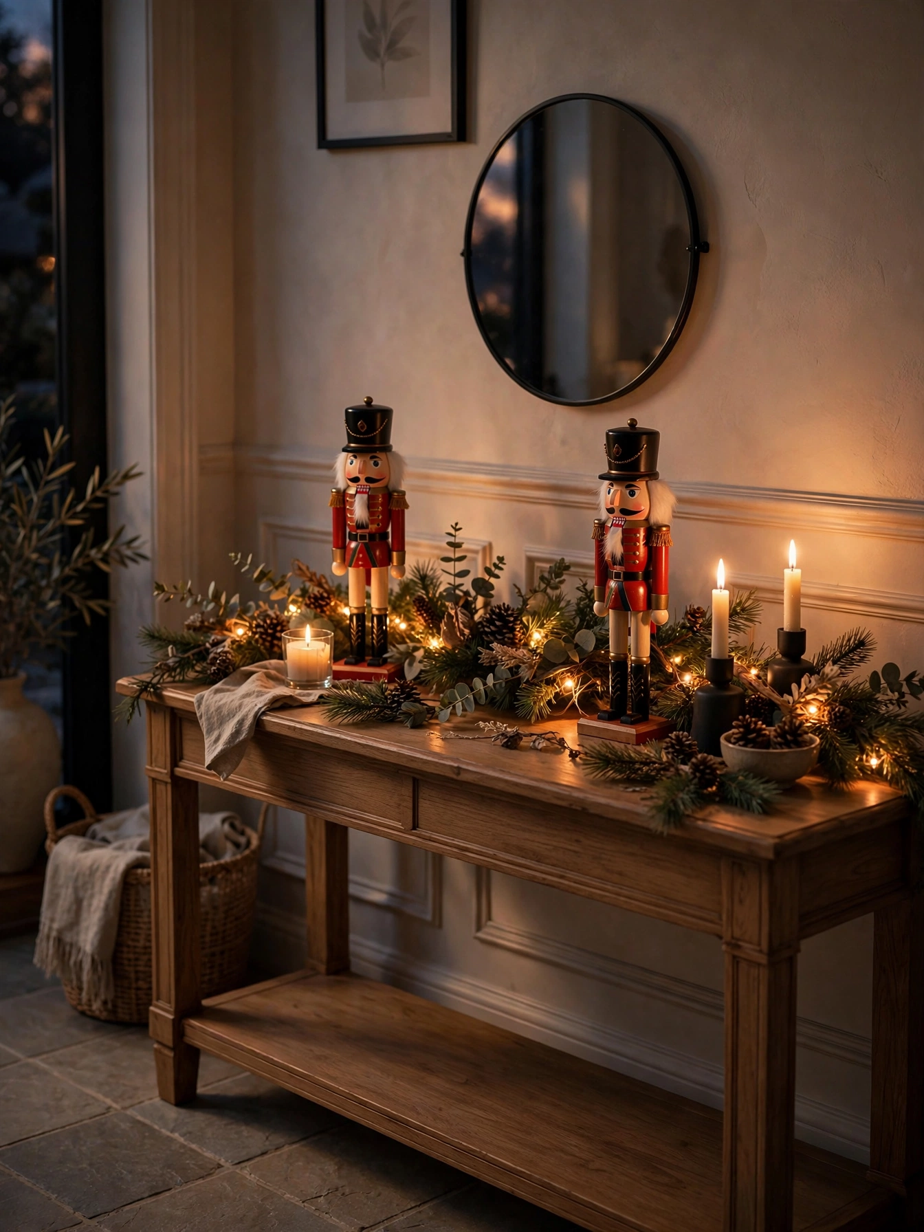 Pair of wooden nutcrackers on an entryway console with lit garland and candles, a festive indoor Christmas decor ideas 2026 vignette