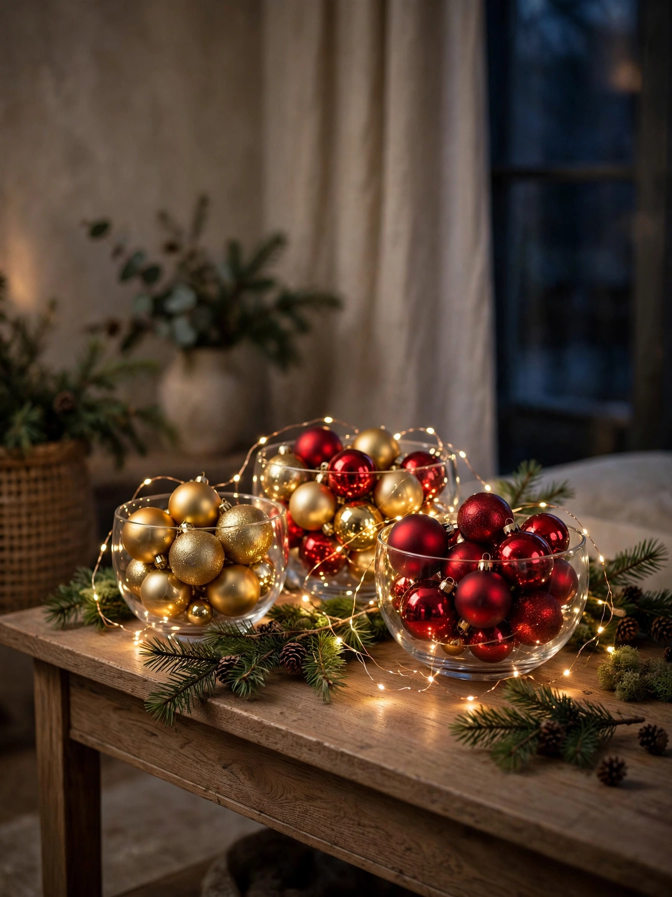Glass bowls of gold and red ornaments with fairy lights on a console table, a sparkling indoor Christmas decor ideas 2026 display