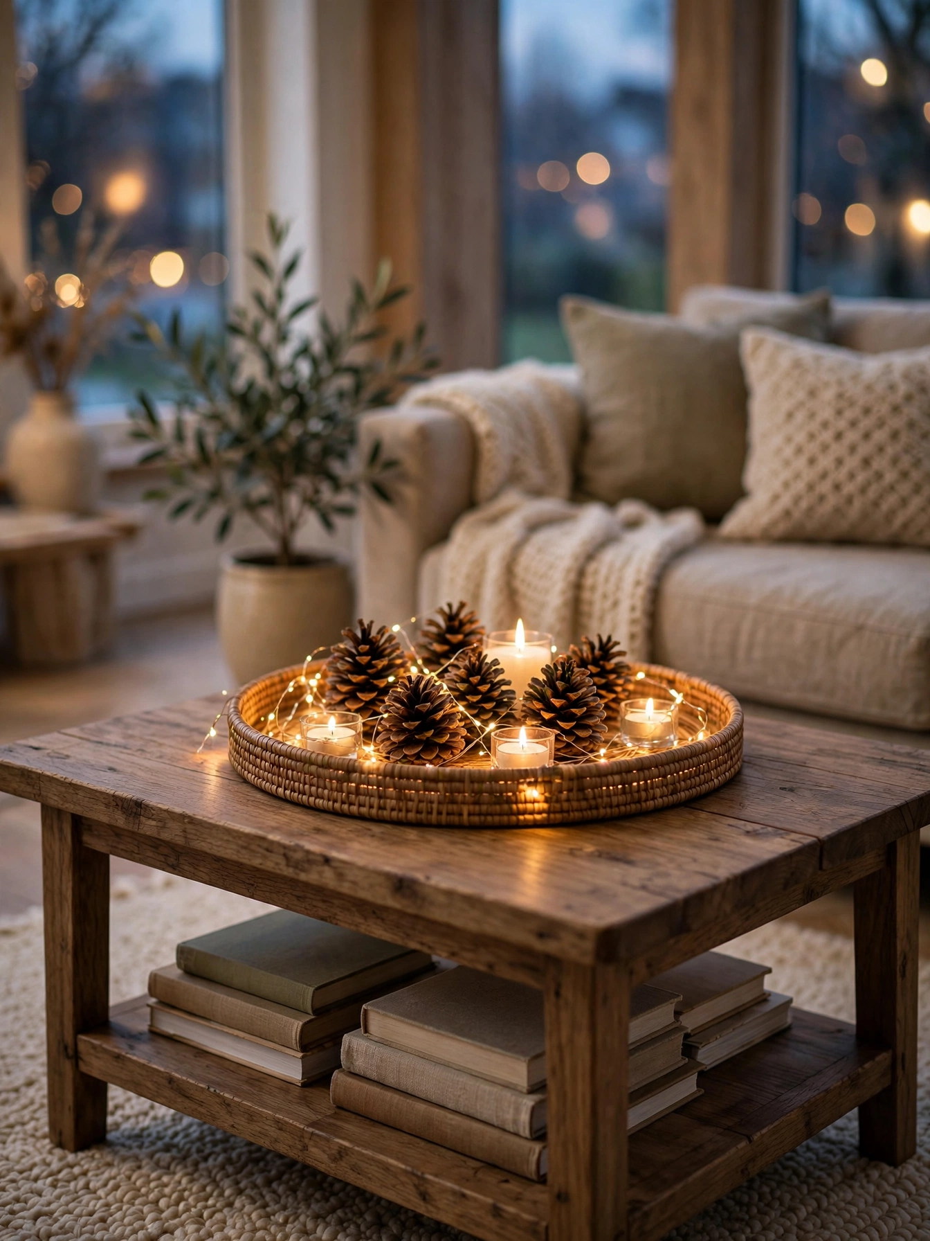 Coffee table tray with pinecones, glowing candles and fairy lights, a simple indoor Christmas decor ideas 2026 styling