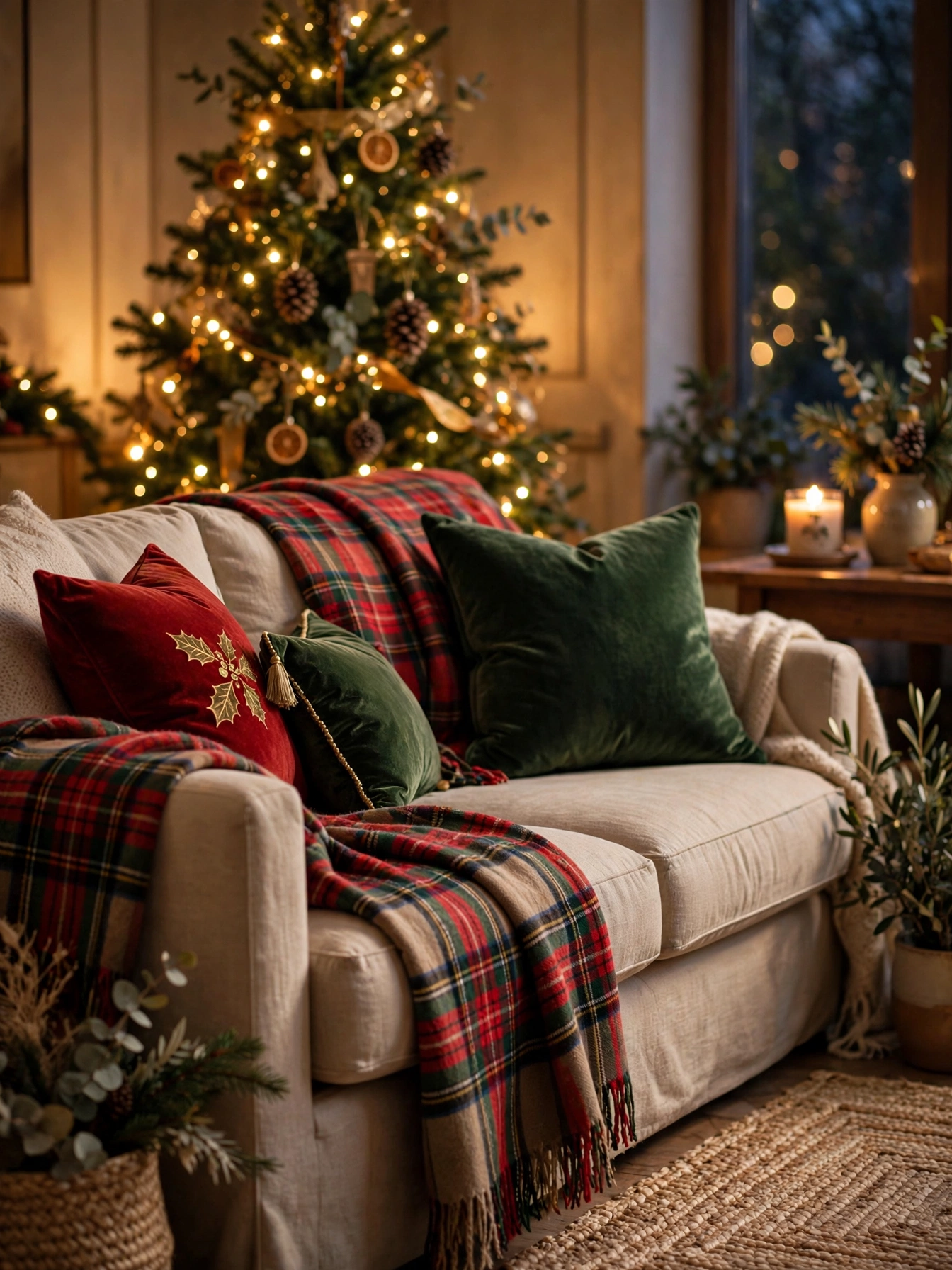 Sofa layered with red plaid throws and velvet holiday pillows near a glowing tree, a cozy indoor Christmas decor ideas 2026 look