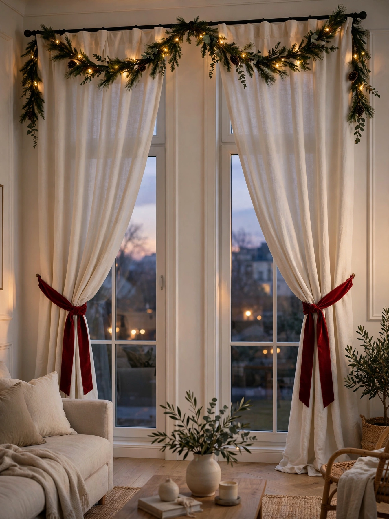 Cream curtains tied with red velvet ribbon and a lit pine garland on the rod, an indoor Christmas decor ideas 2026 window treatment