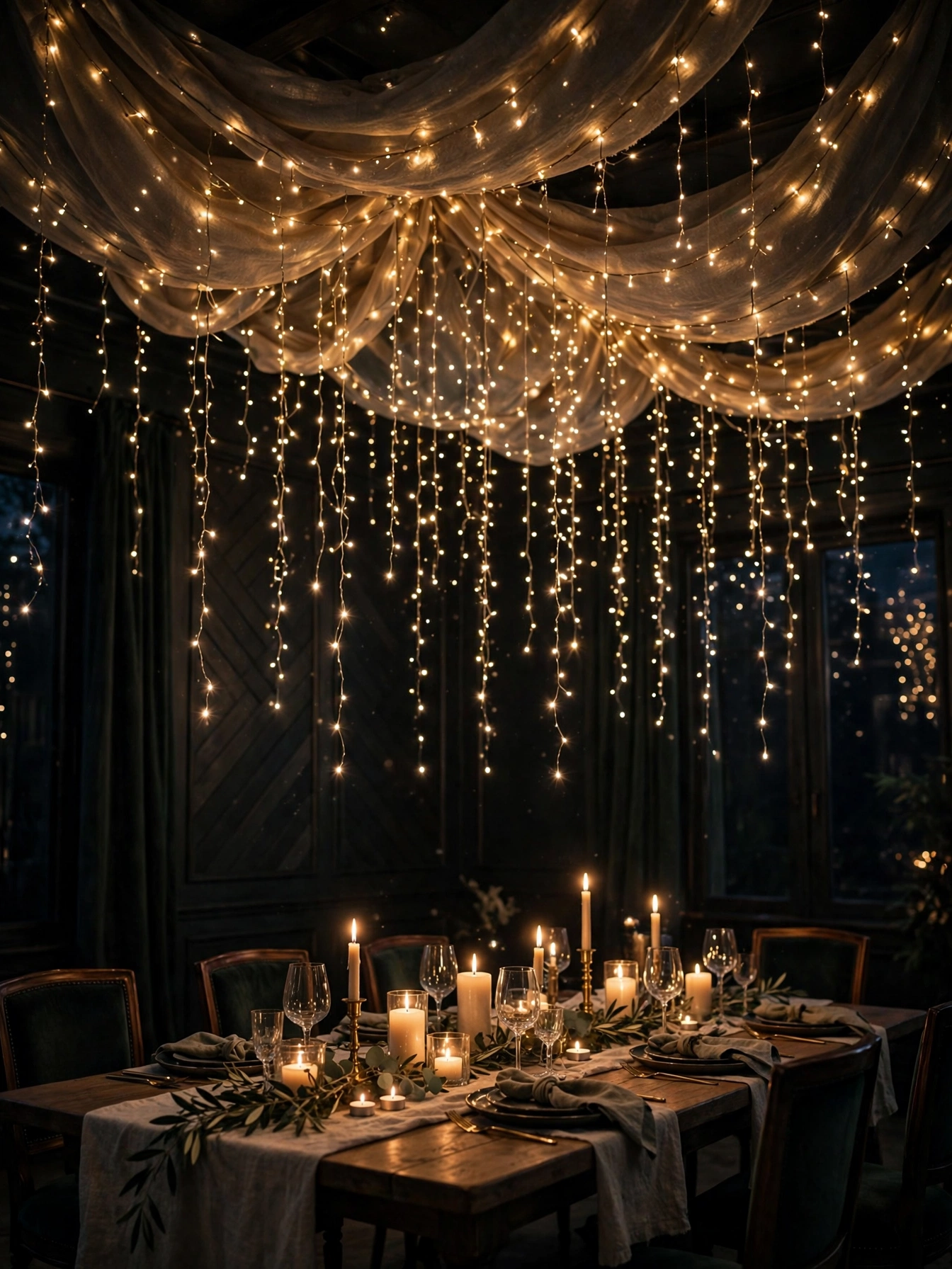 Fairy light strands cascading from the ceiling like a starry canopy over a dining table, a magical indoor Christmas decor ideas 2026 effect