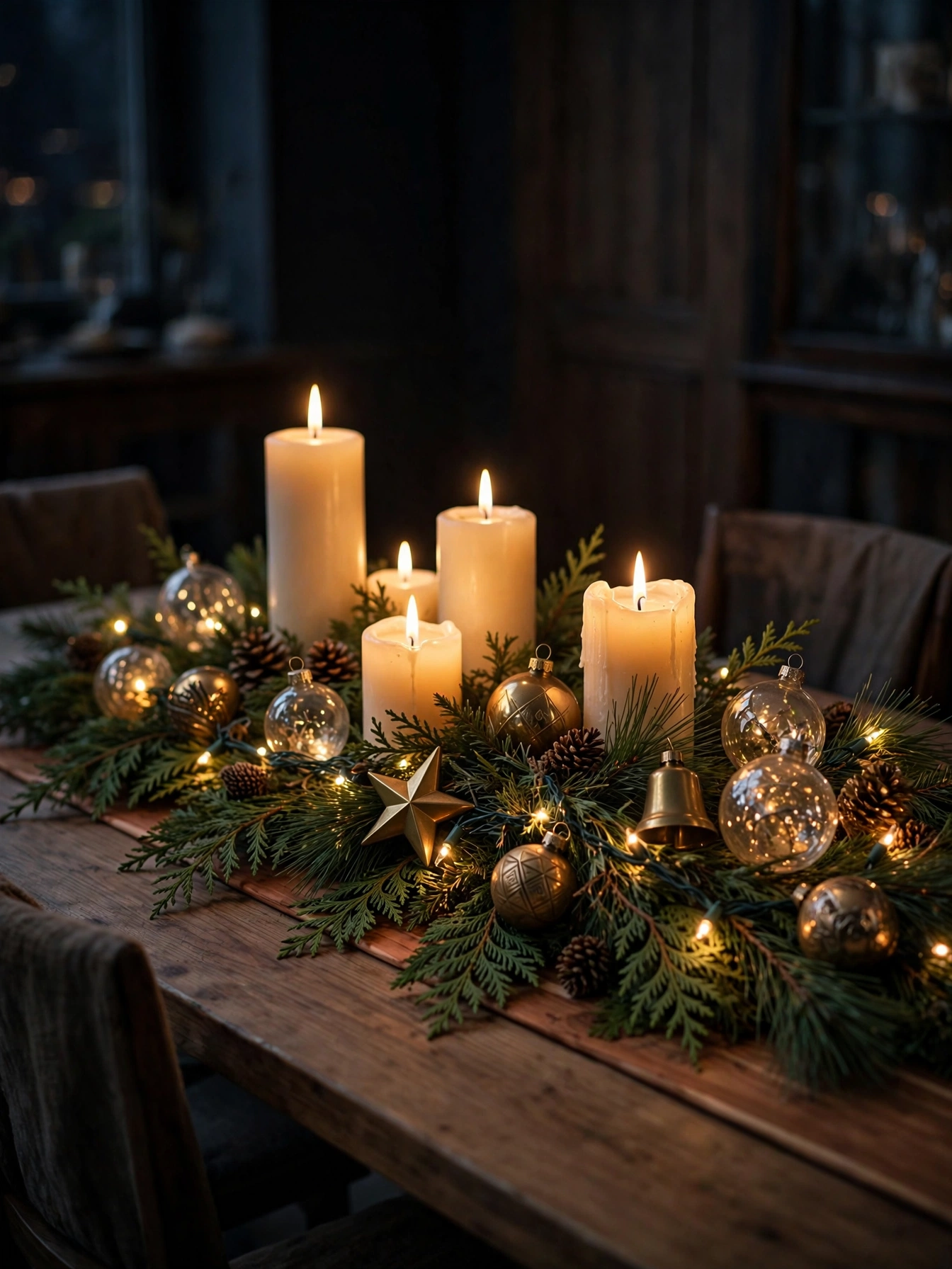 Dining table centerpiece with cedar runner, glowing candles and woven string lights, an indoor Christmas decor ideas 2026 tablescape