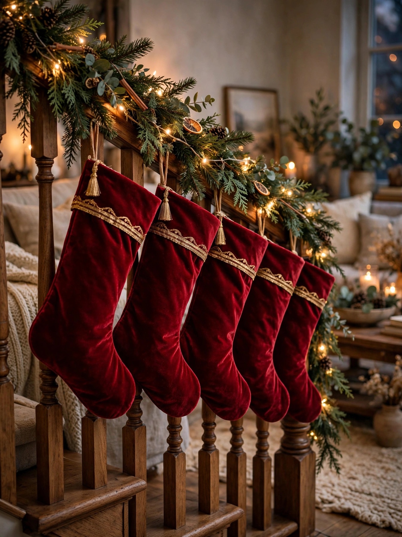 Red velvet stockings lined up on a garland-wrapped staircase banister with warm lights, an indoor Christmas decor ideas 2026 classic