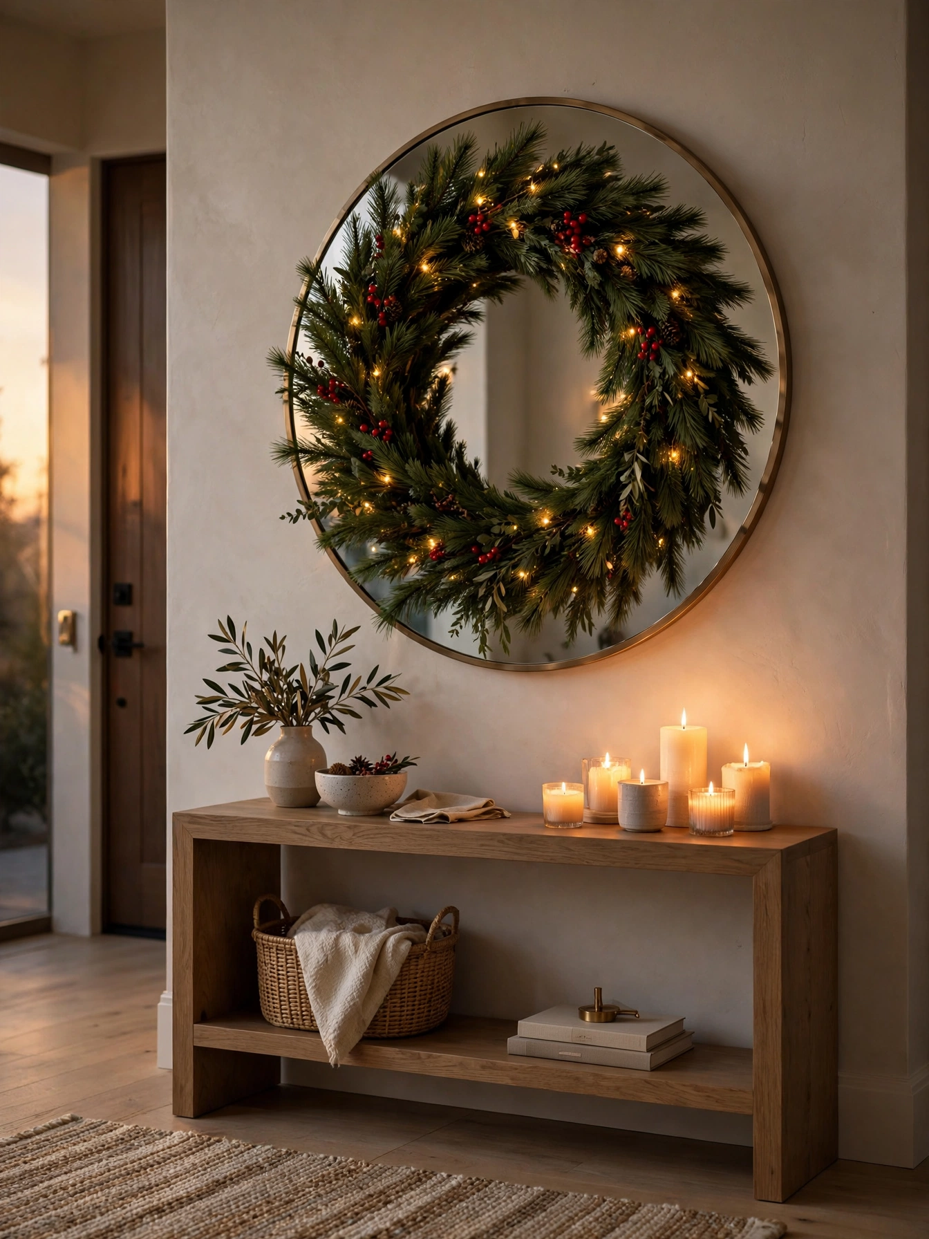 Pine wreath with berries and fairy lights hung over an entryway mirror, a welcoming indoor Christmas decor ideas 2026 vignette
