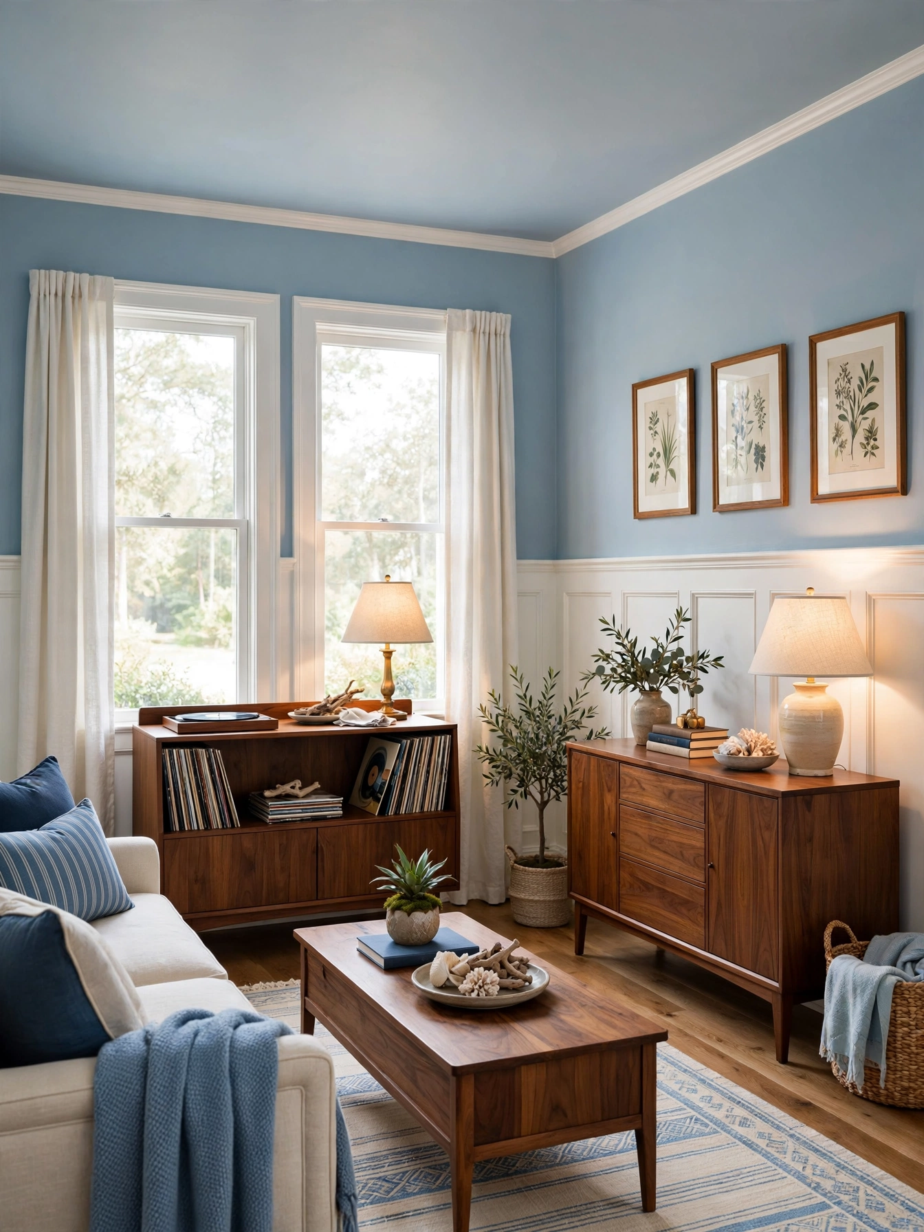 Blue and white trim pairing with wainscoting on pale walls, tailored light blue living room ideas look