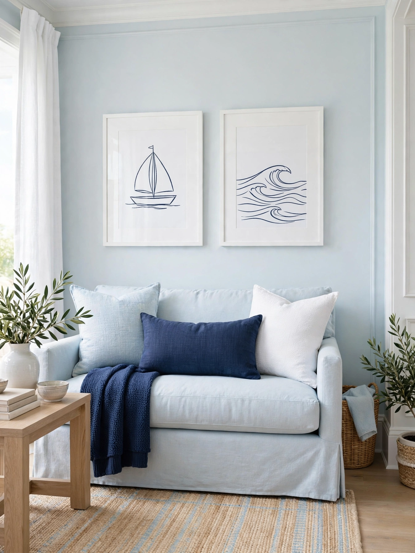 Blue art gallery wall above a cream sofa, curated light blue living room ideas display