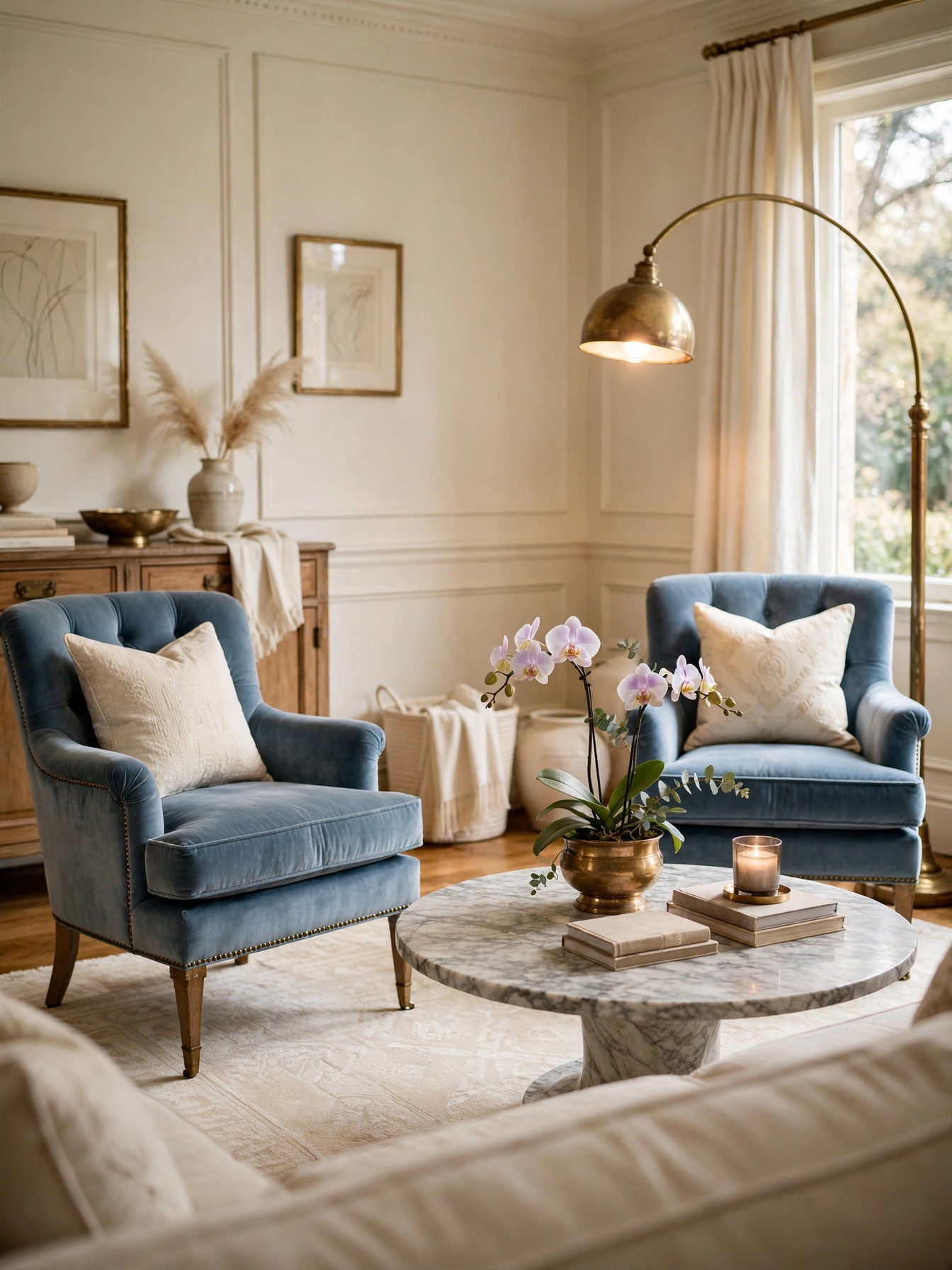Blue velvet accent chairs around a marble coffee table, elegant light blue living room ideas seating