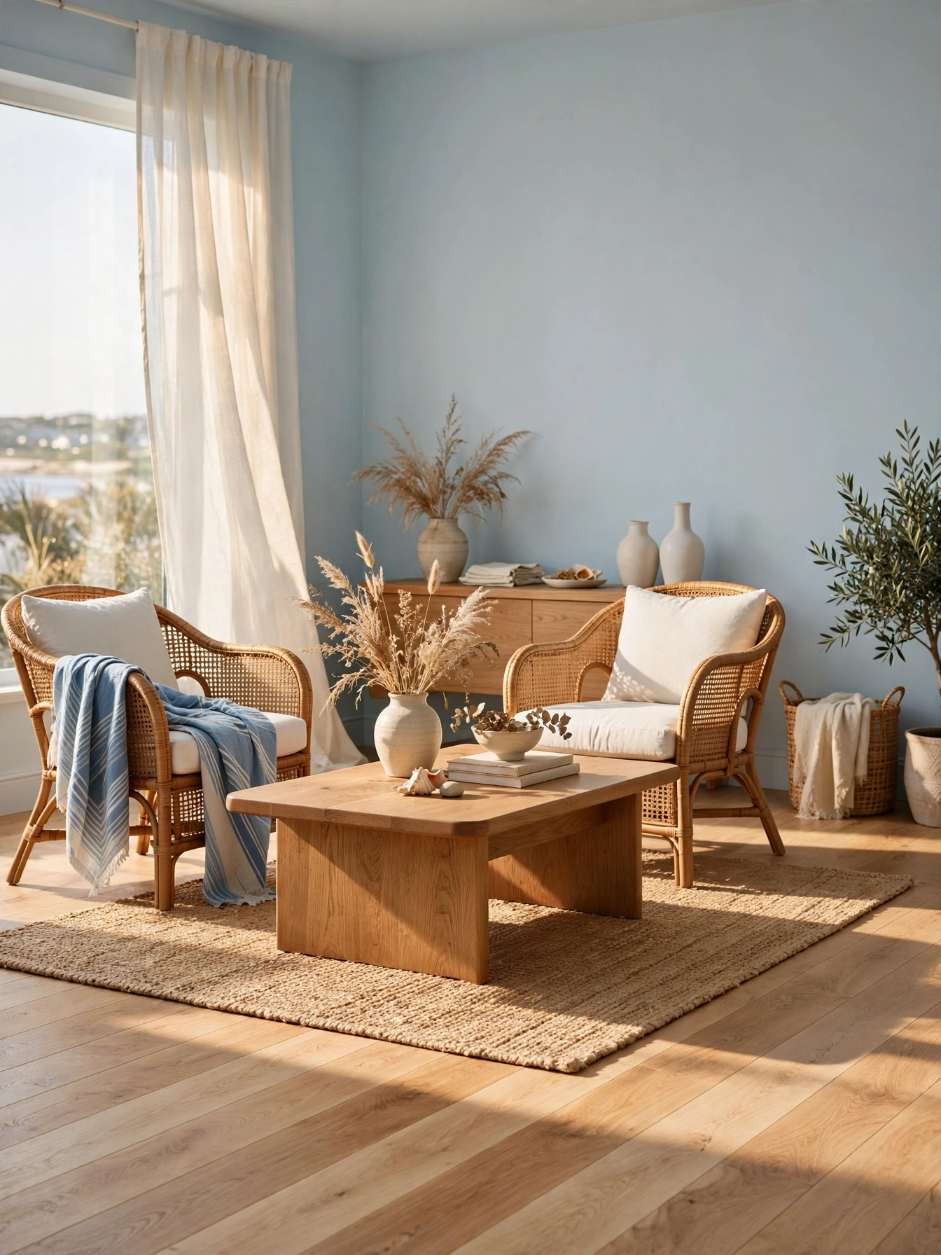 Brass hardware pairing with powder blue cabinetry in a sitting area, warm light blue living room ideas metalwork