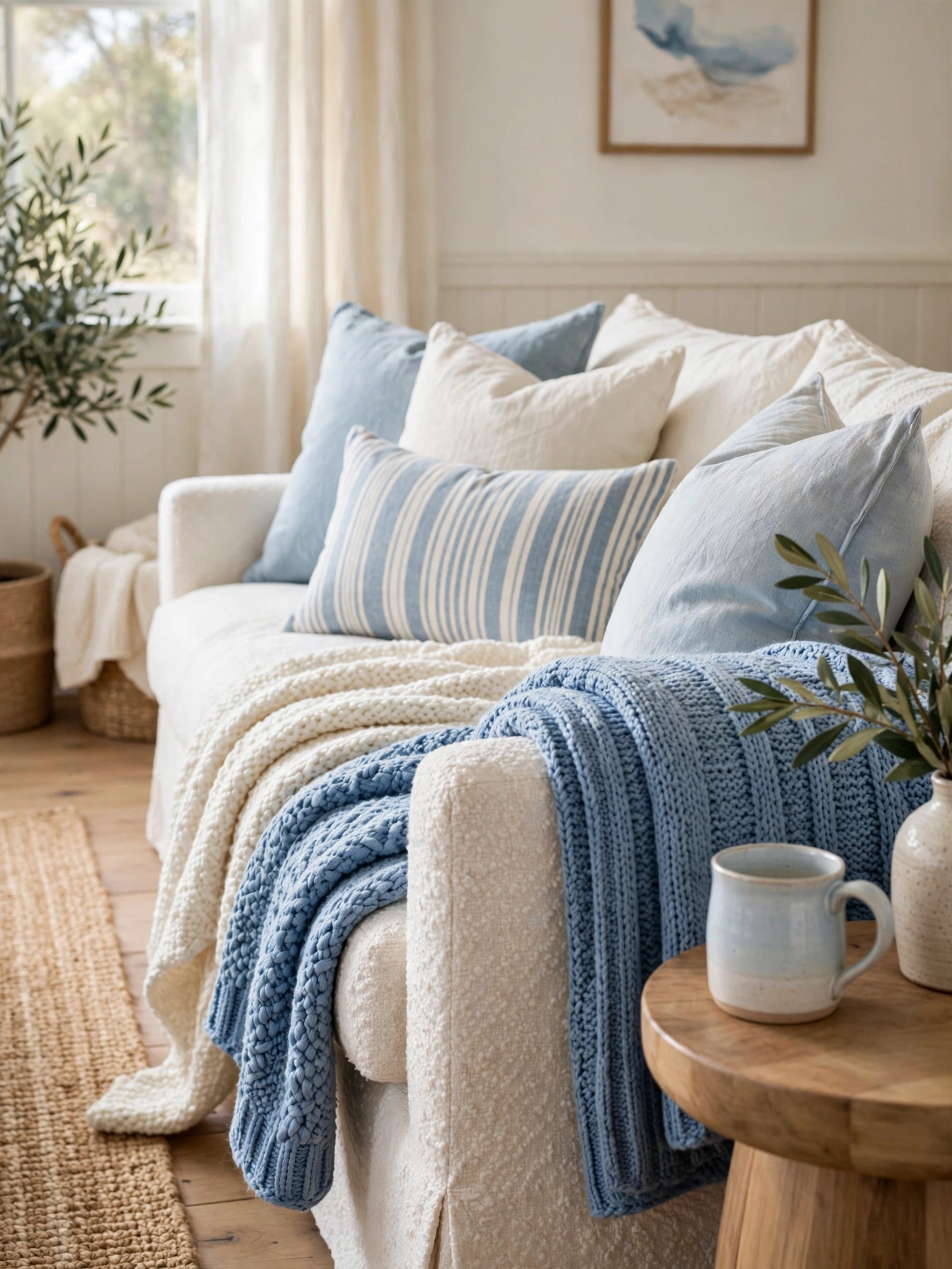 Chambray window drapes framing a bay window in a breezy interior, airy light blue living room ideas