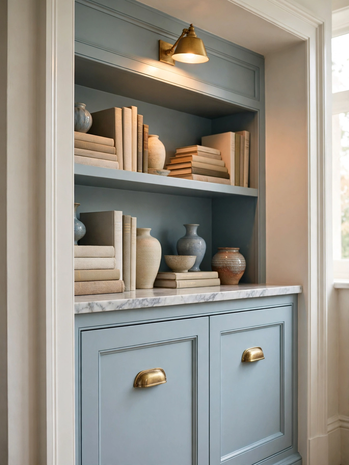 Sheer white curtains diffusing sunlight in a sky blue sitting room, soft light blue living room ideas glow