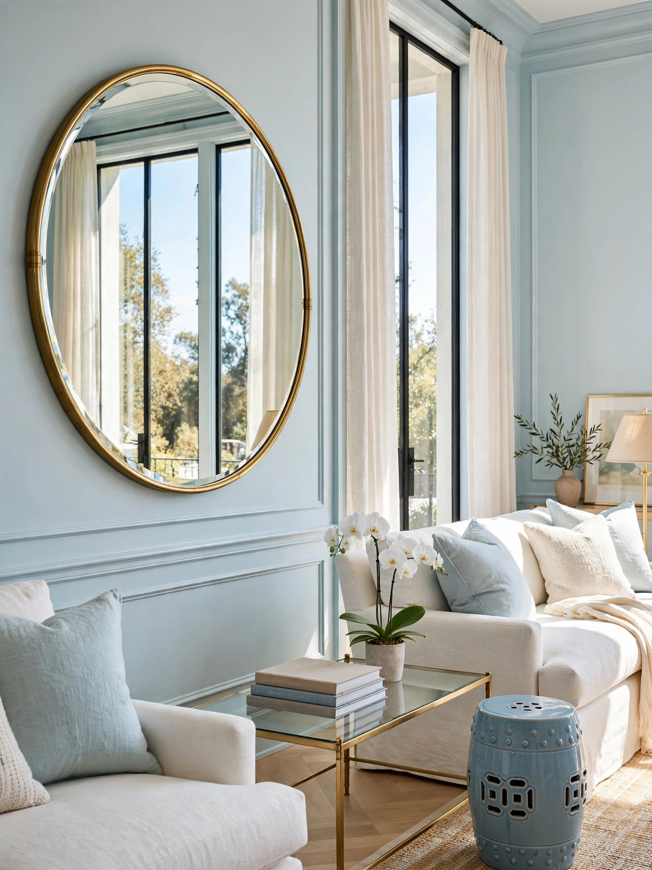 Large mirror reflecting daylight across a pale blue interior, brightening light blue living room ideas