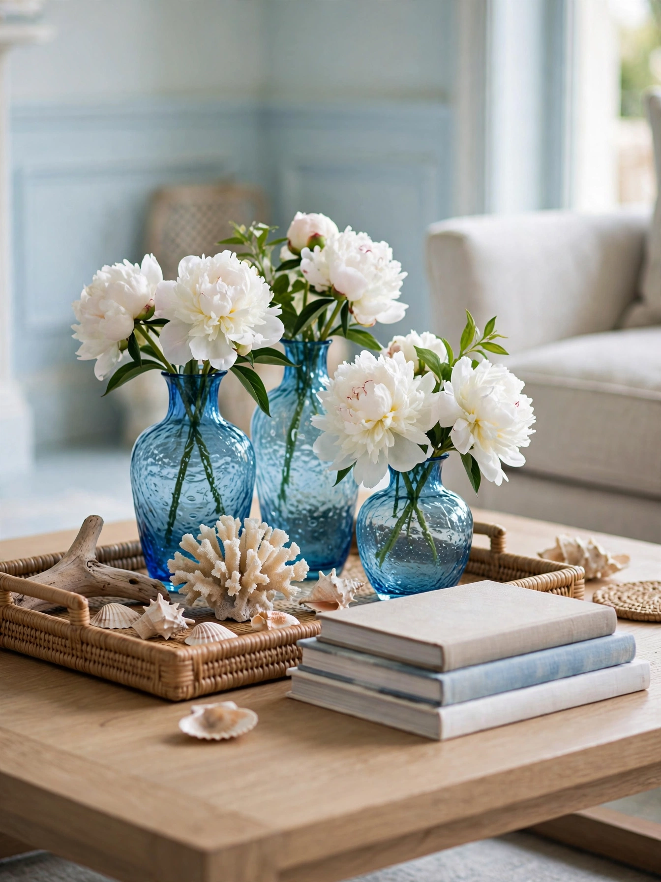 Navy anchor touches on pillows and art against pale blue walls, deep light blue living room ideas contrast