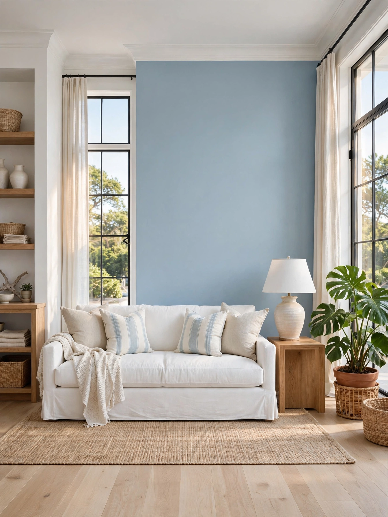 Powder blue feature wall behind a white linen sofa, a fresh take on light blue living room ideas