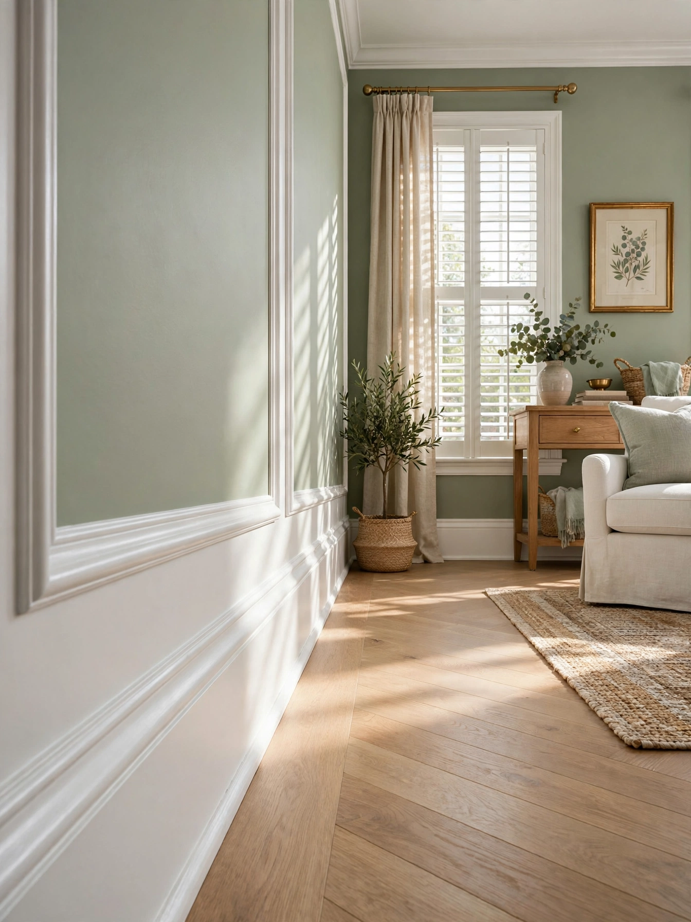 Crisp white trim framing sage green walls, a fresh finishing touch among living room color ideas