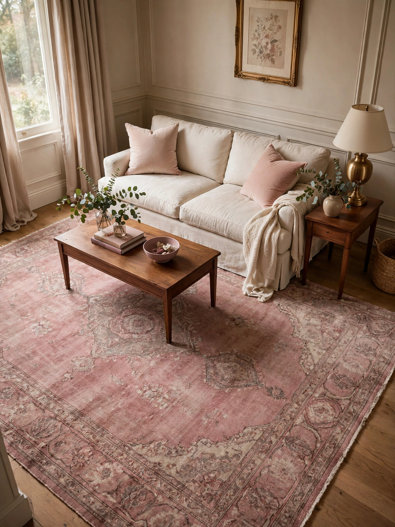 Dusty rose vintage-style rug under a cream sofa, a warm underfoot layer from living room color ideas