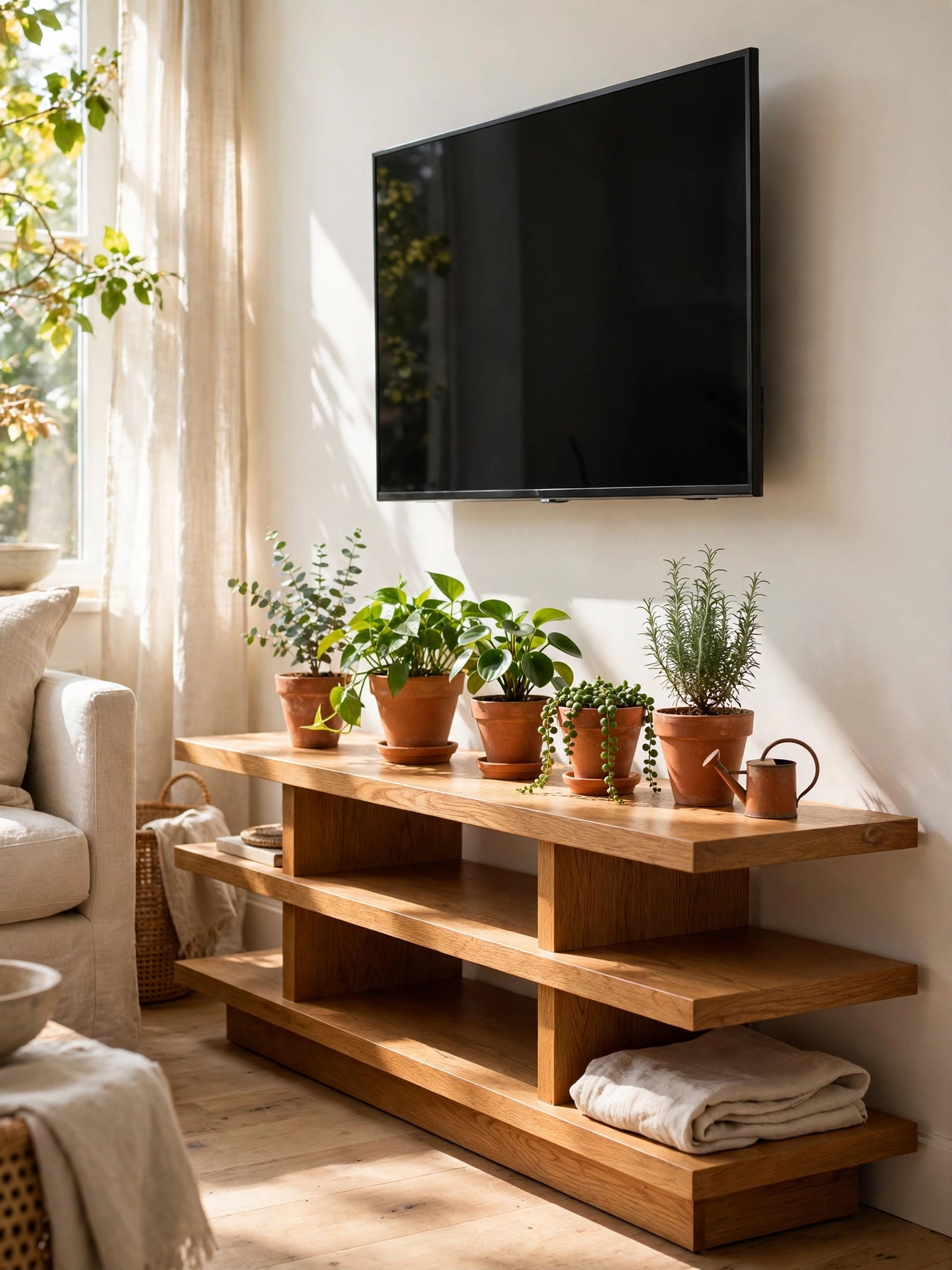 Row of small terracotta potted plants on a tiered oak TV console, botanical living room tv stand decor ideas