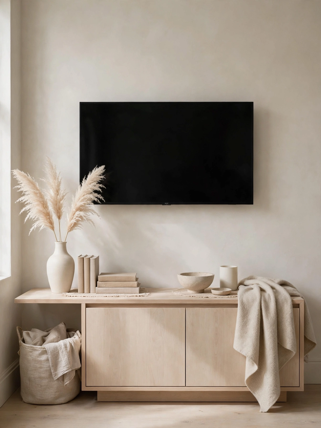 TV console styled in ivory, sand, and greige tones, a hushed tonal take on living room tv stand decor ideas