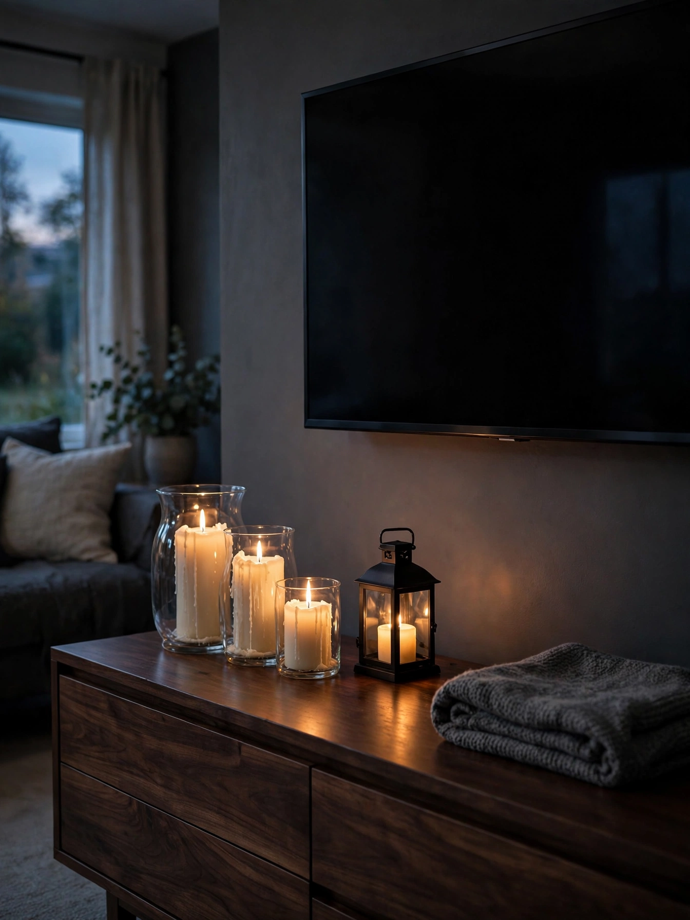Ivory pillar candles glowing in glass hurricanes on a walnut TV console, cozy living room tv stand decor ideas