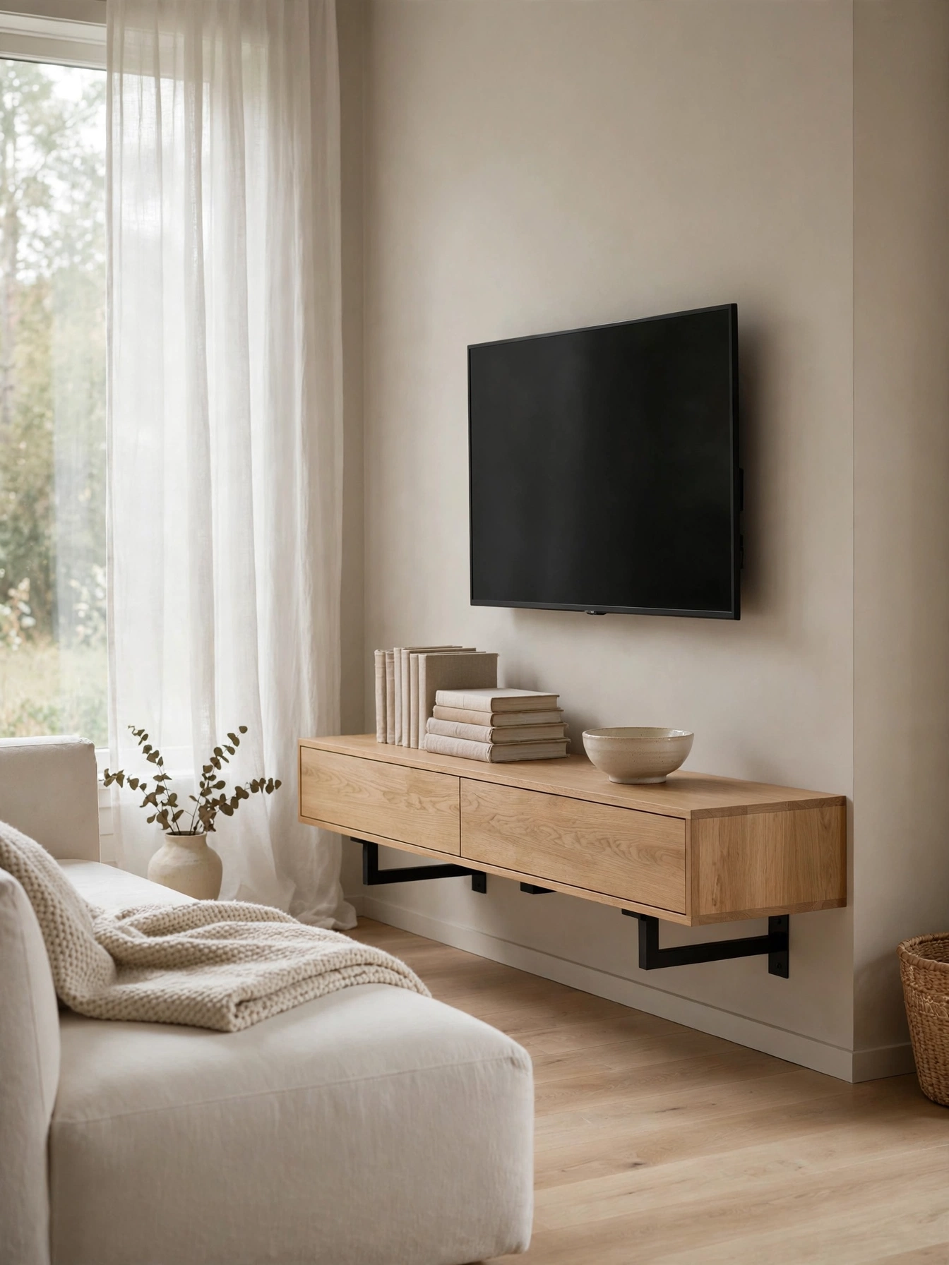 Floating oak TV console with stacked linen books and a ceramic bowl, a calm example of living room tv stand decor ideas