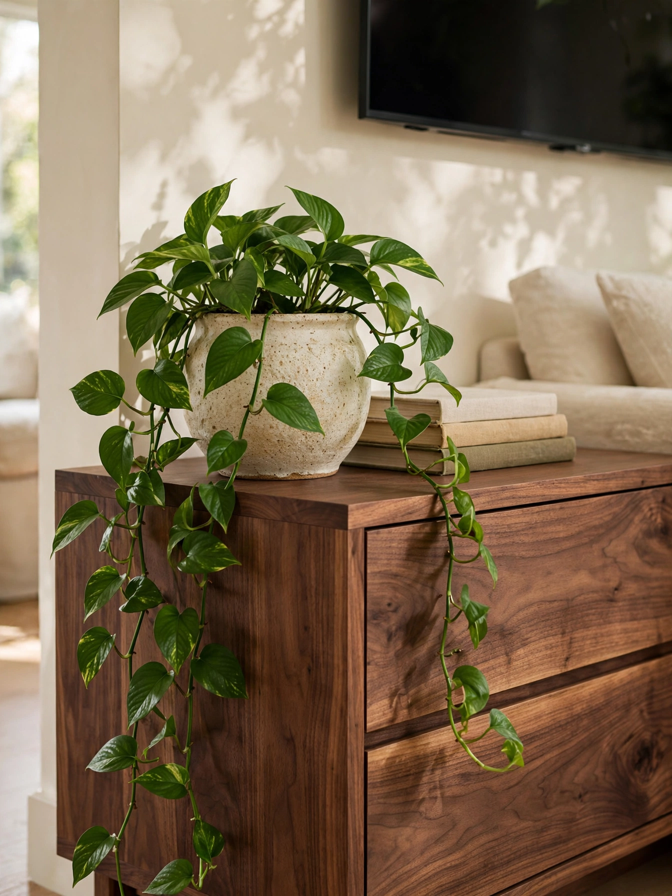 Trailing pothos plant cascading from a walnut media console corner, fresh living room tv stand decor ideas