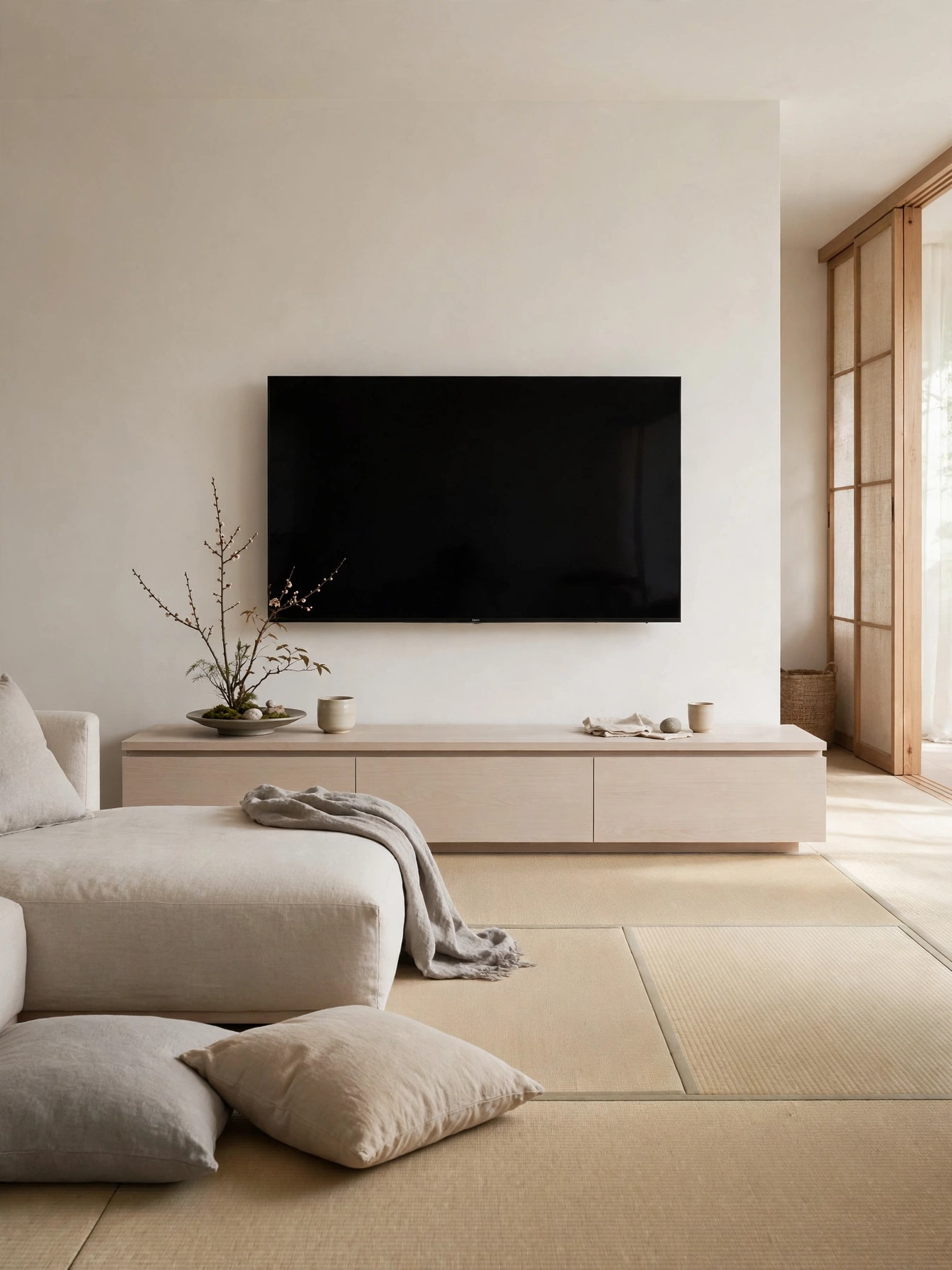 Extra-low platform TV console in a Japanese-inspired living room, grounded living room tv stand decor ideas