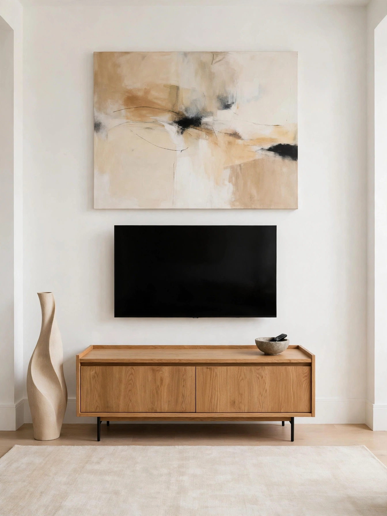 Minimal TV console with tall floor vase and large art above the TV, airy living room tv stand decor ideas