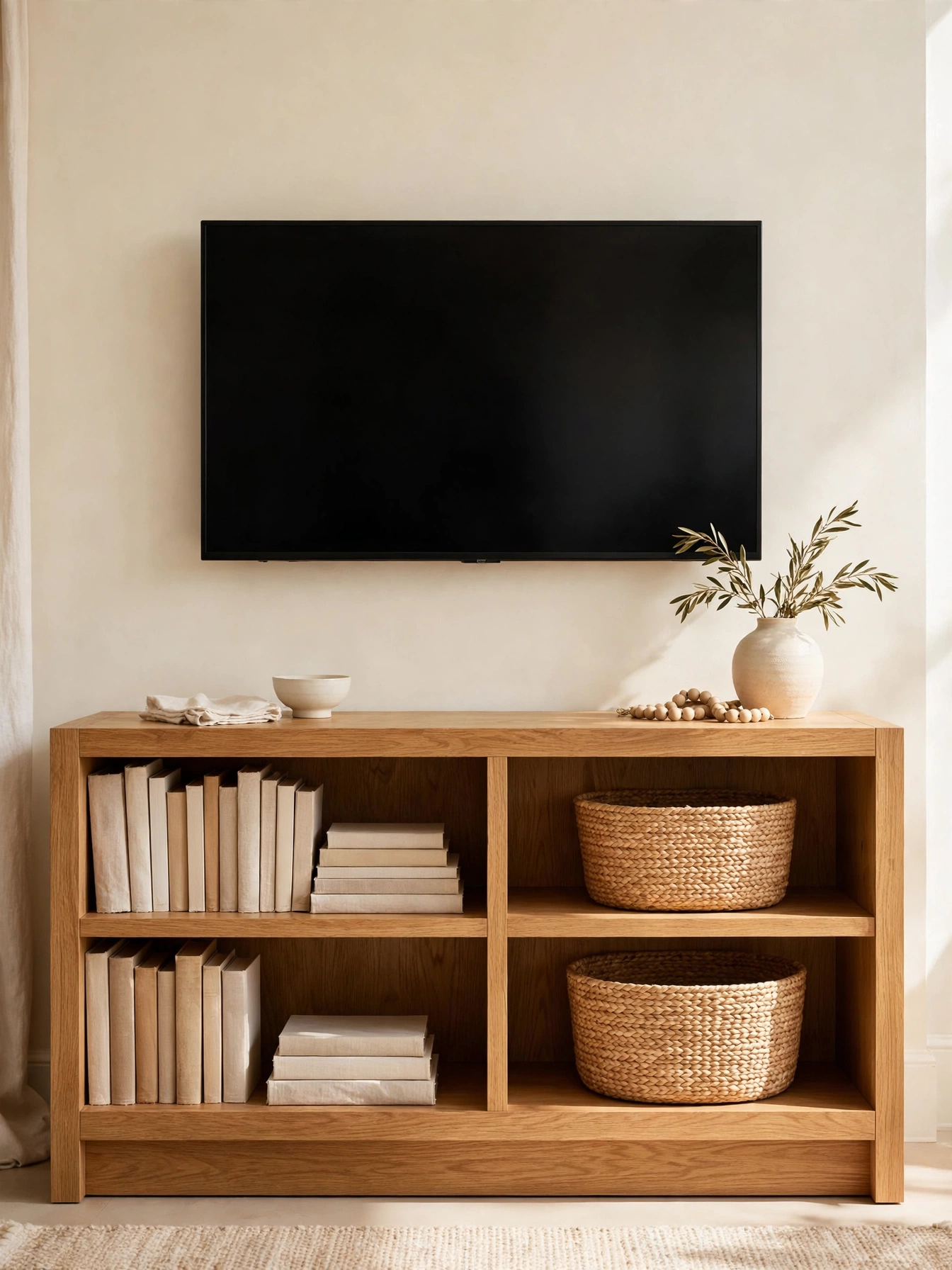 Open-shelf oak TV console with books on one side and baskets on the other, balanced living room tv stand decor ideas