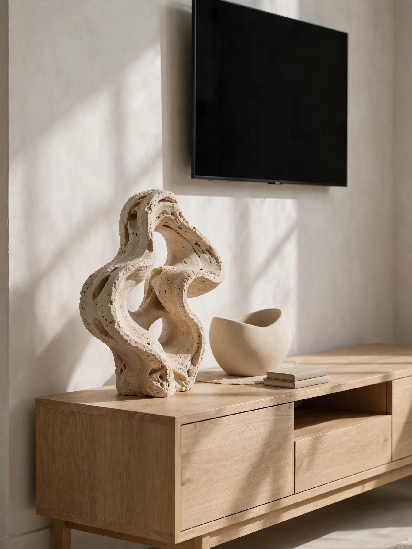 Travertine sculpture and ceramic vessel on a light oak TV console, sculptural living room tv stand decor ideas