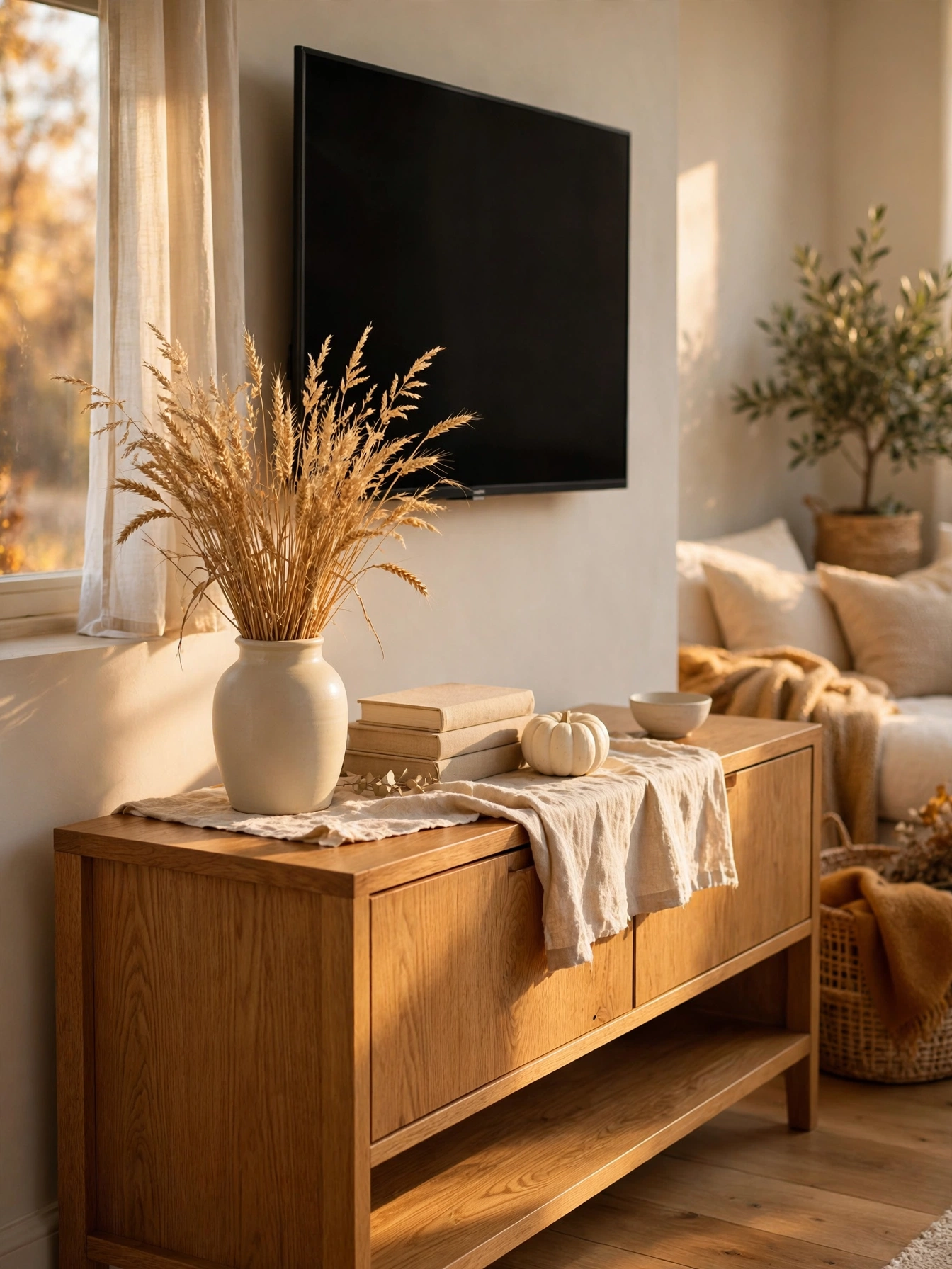 Oak TV console with dried wheat and a small pumpkin for autumn, seasonal living room tv stand decor ideas