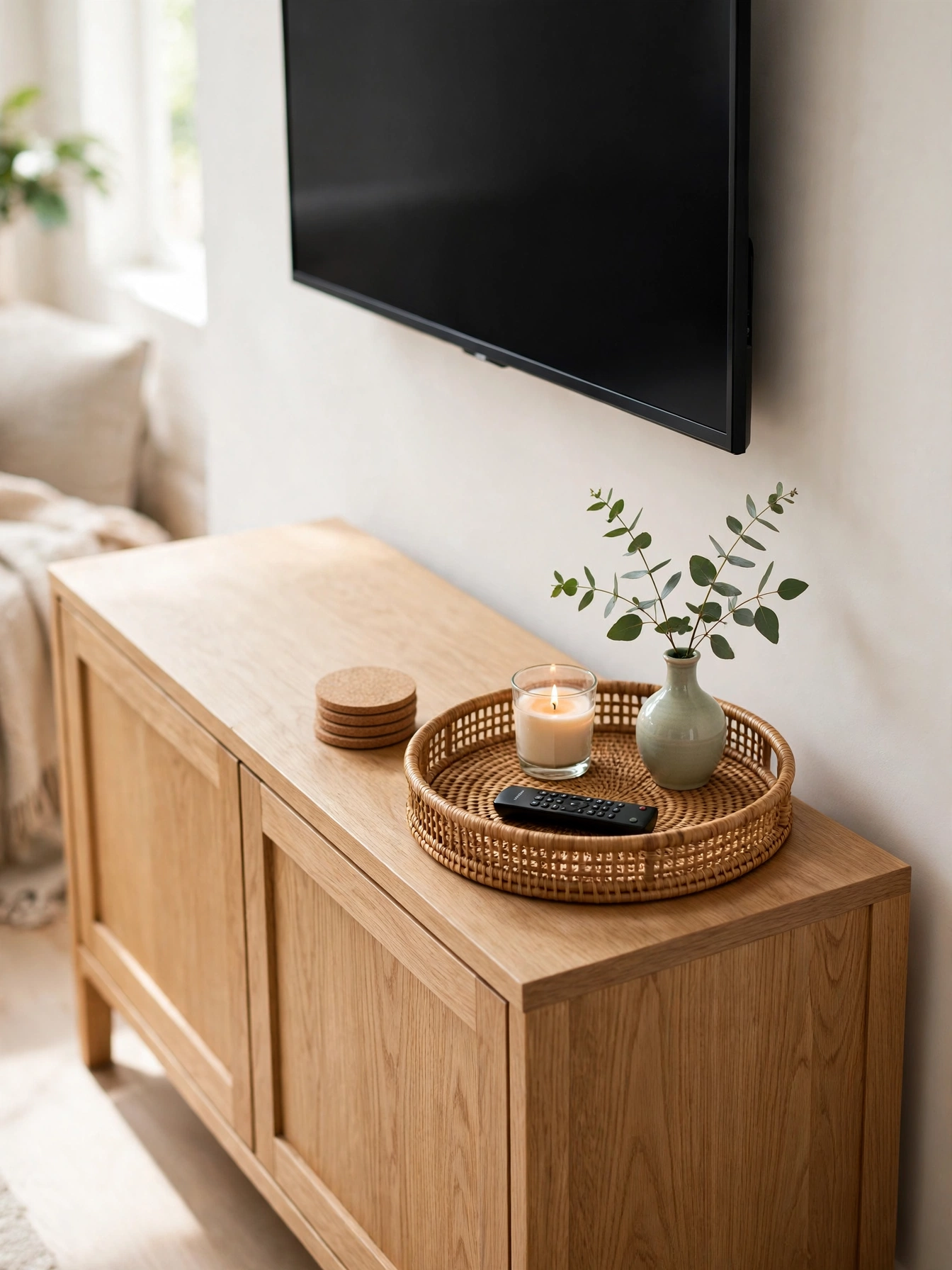 Rattan tray corralling remote, candle, and bud vase on a white oak TV console, orderly living room tv stand decor ideas