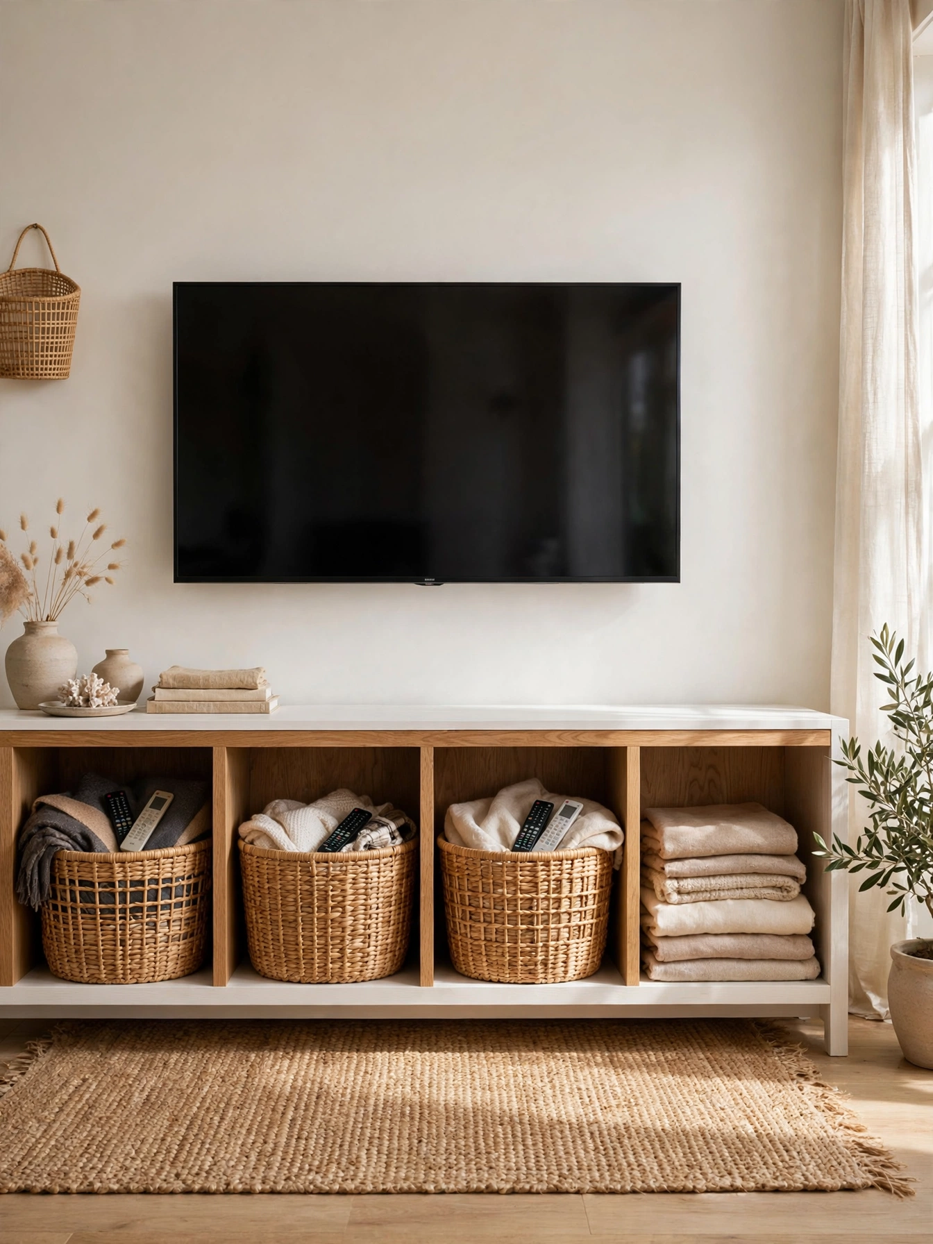Seagrass baskets tucked into the cubbies of a white oak TV console, organized living room tv stand decor ideas
